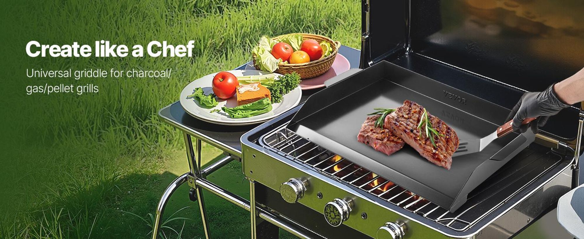 VEVOR Edelstahl-Grillplatte, 36x22 Zoll Universelle Flachgrill-Rechteckplatte, Gasgrill-Grillplatte für BBQ-Grill, Teppanyaki, Tragbares Familienkochgeschirr mit Griff, für Camping und Grillpartys, 502x370 mm