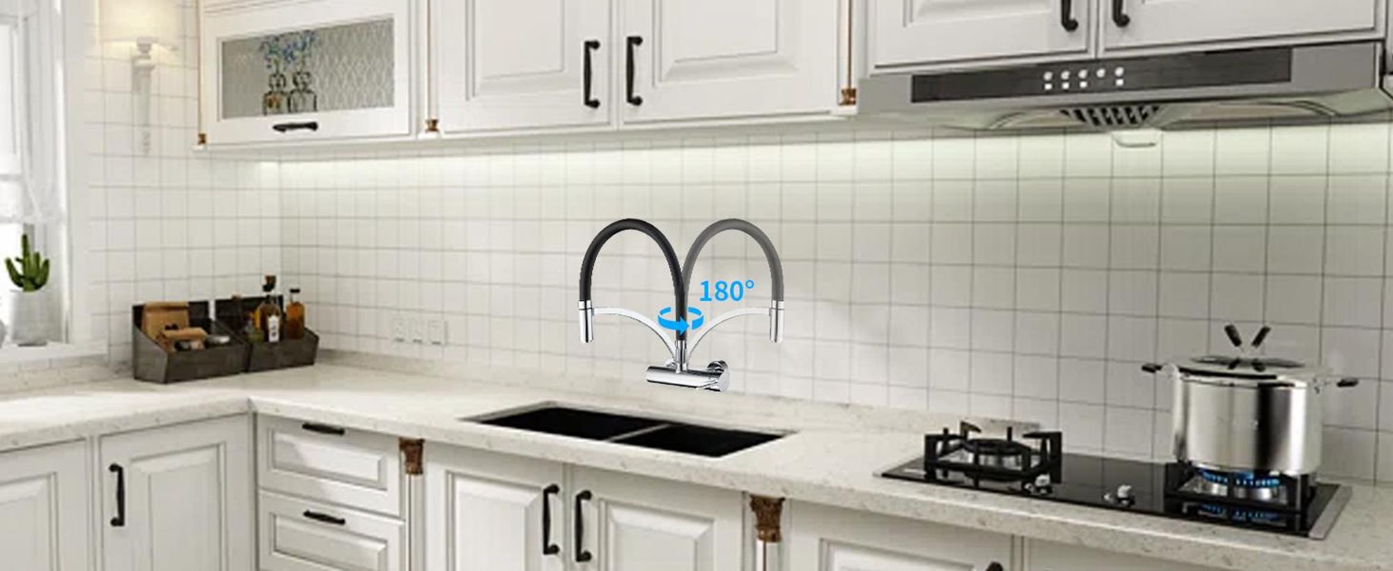 Wasserhahn Küche Messing Wandmontage Schwarz,180° drehbar Silikon in Lebensmittelqualität Wand Küchenarmatur 342 mm, Wandarmatur Flexibel Ausziehbarer