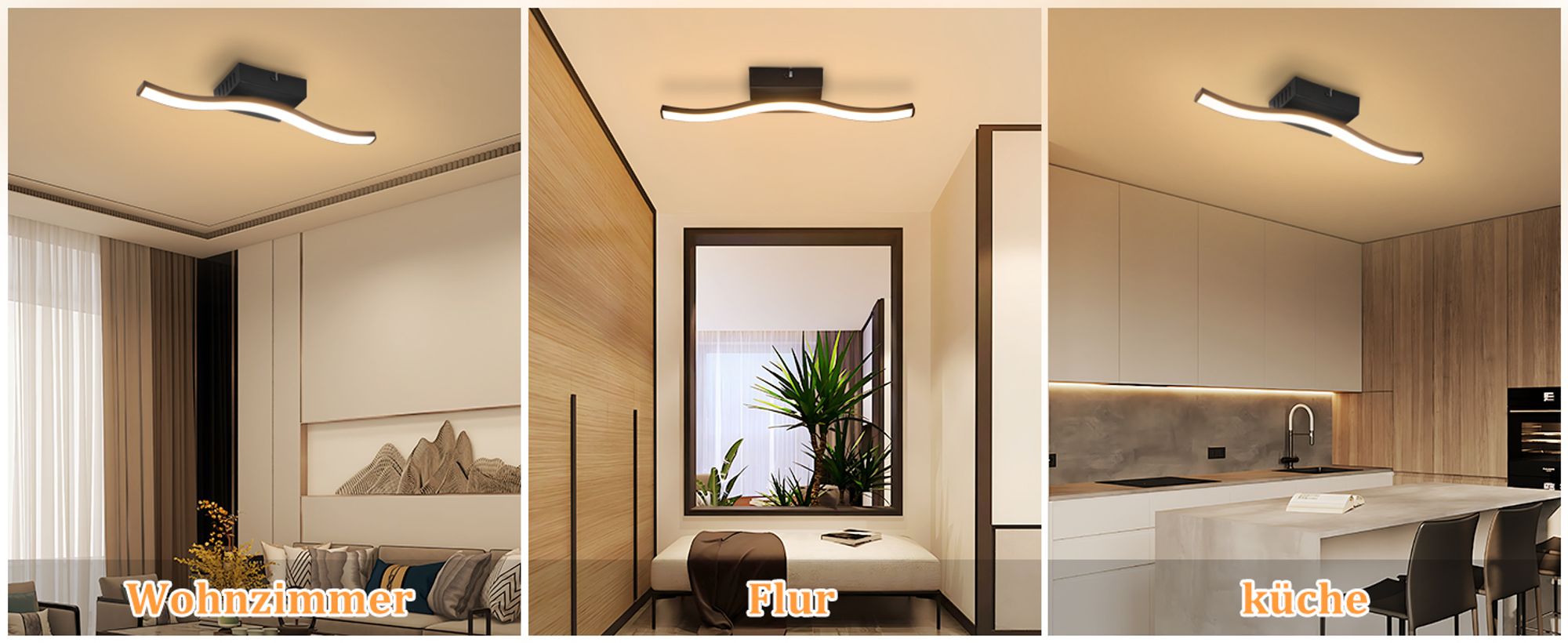 ZMH 2ER Deckenlampe Schlafzimmer Warmweiß LED Deckenleuchte Modern Flur Schlafzimmerlampe Schwarz 6W Küchenlampe Innen Wellen Design 3000K für Küche