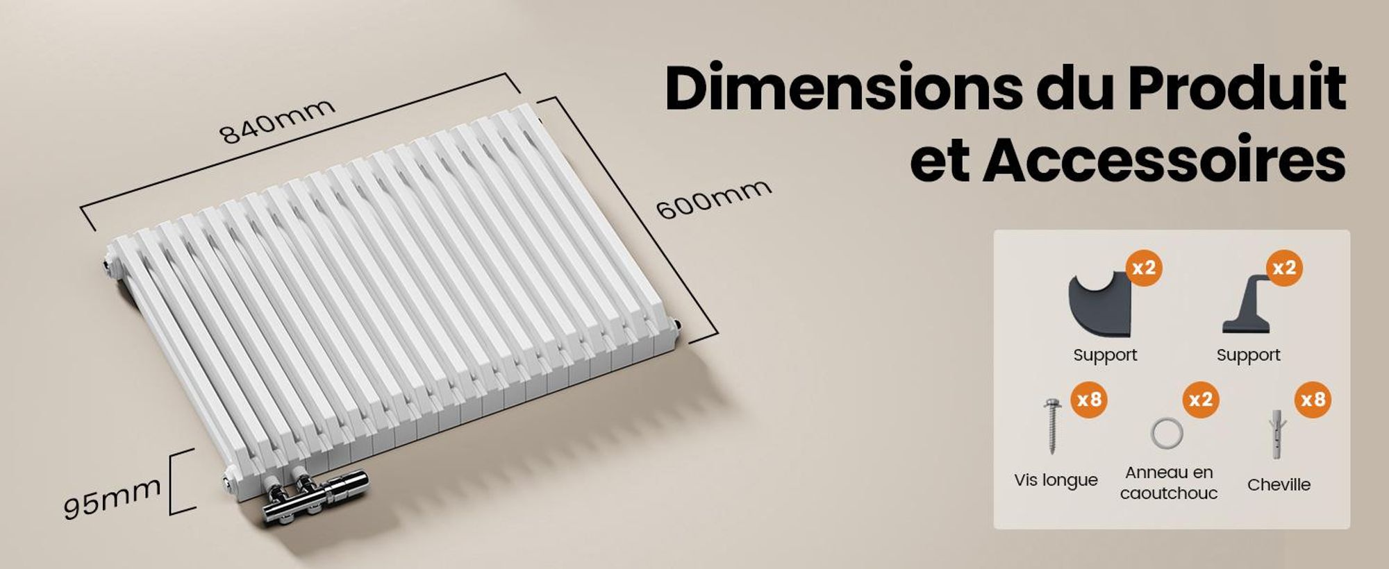 EMKE Radiateur design en forme de D 600x840mm 1383W Red Dot Award Winner Blanc - Montage horizontal, pour 18,4 m², salle de bains & salon sans radiateur