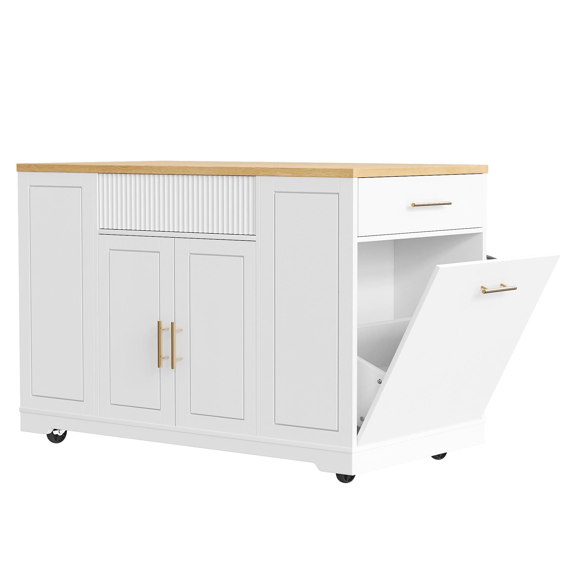 Flieks Servierwagen Kücheninsel mit Abfallbehälterfach, Küchenschrank Speisewagen mit 3 Schubladen und 2 Türen, 120 x 50 x 92 cm, Weiß
