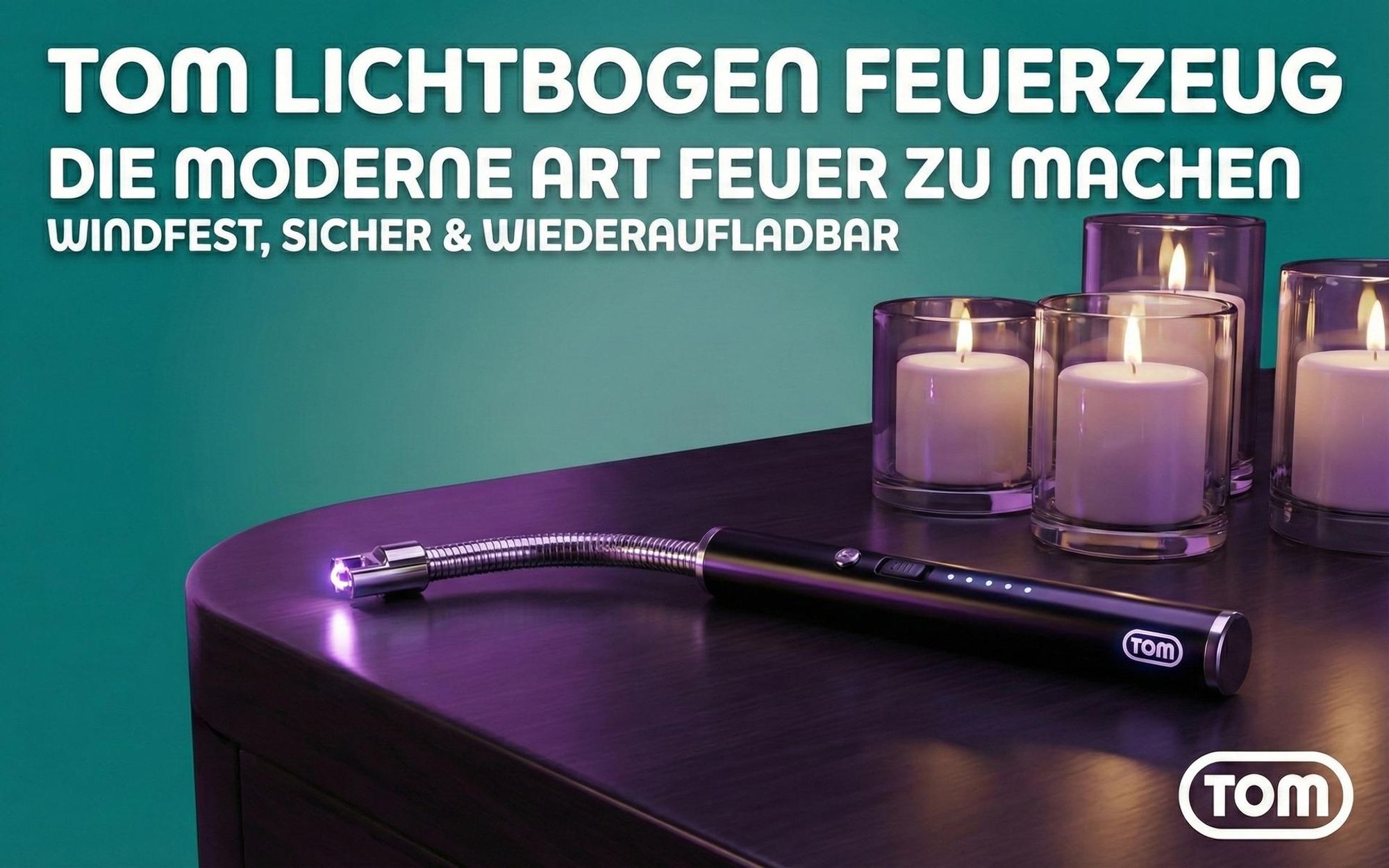 TOM Lichtbogenfeuerzeug | 25,5 cm | biegsamer Stab | mit USB Kabel | 360° biegbar