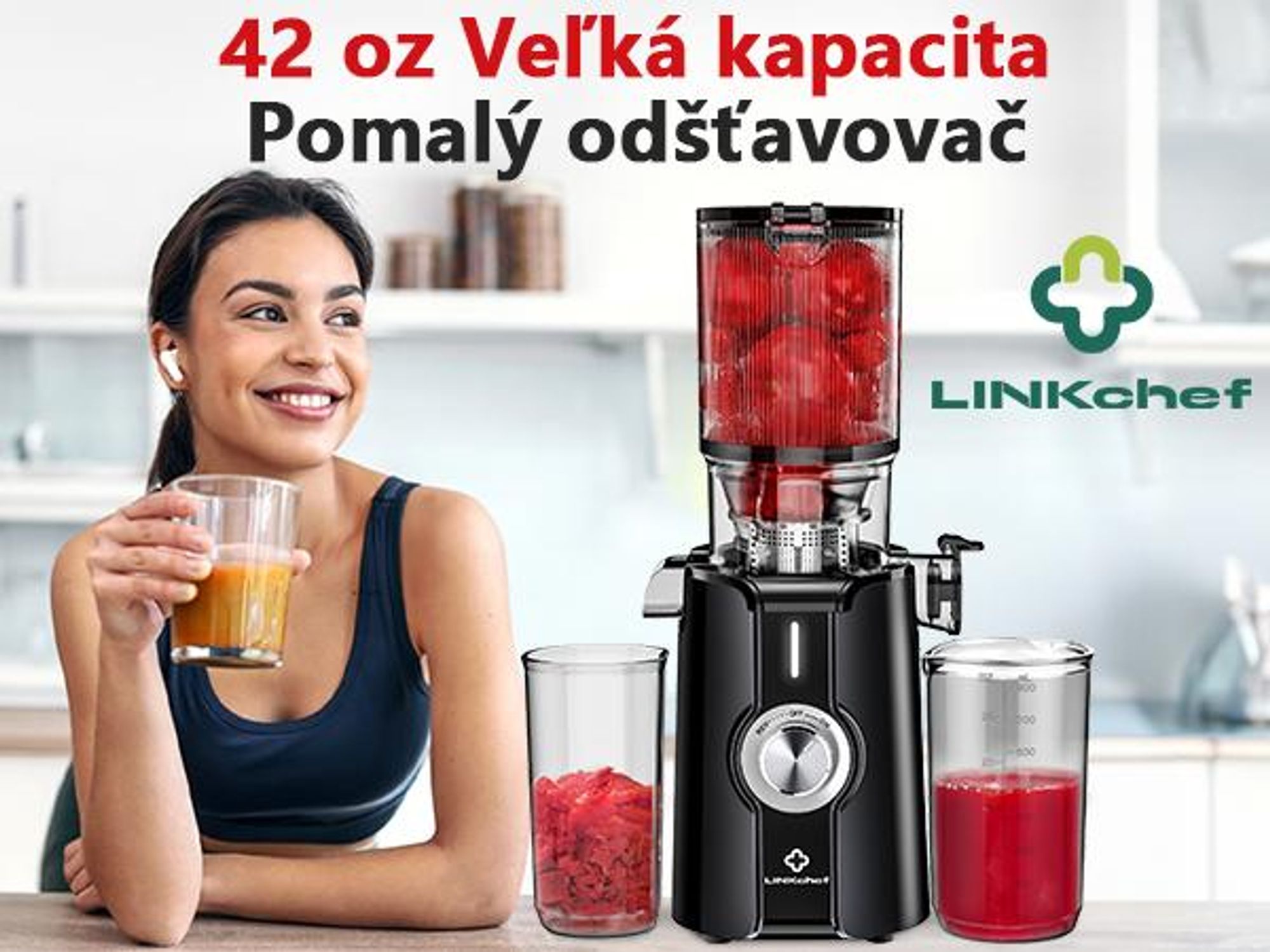 LINKChef SJ-051-EU-BL Pomalý Odšťavovač - 200W Výkon 1.2L Veľká kapacita Dva podávacie tácky Ľahko sa čistí - čierna