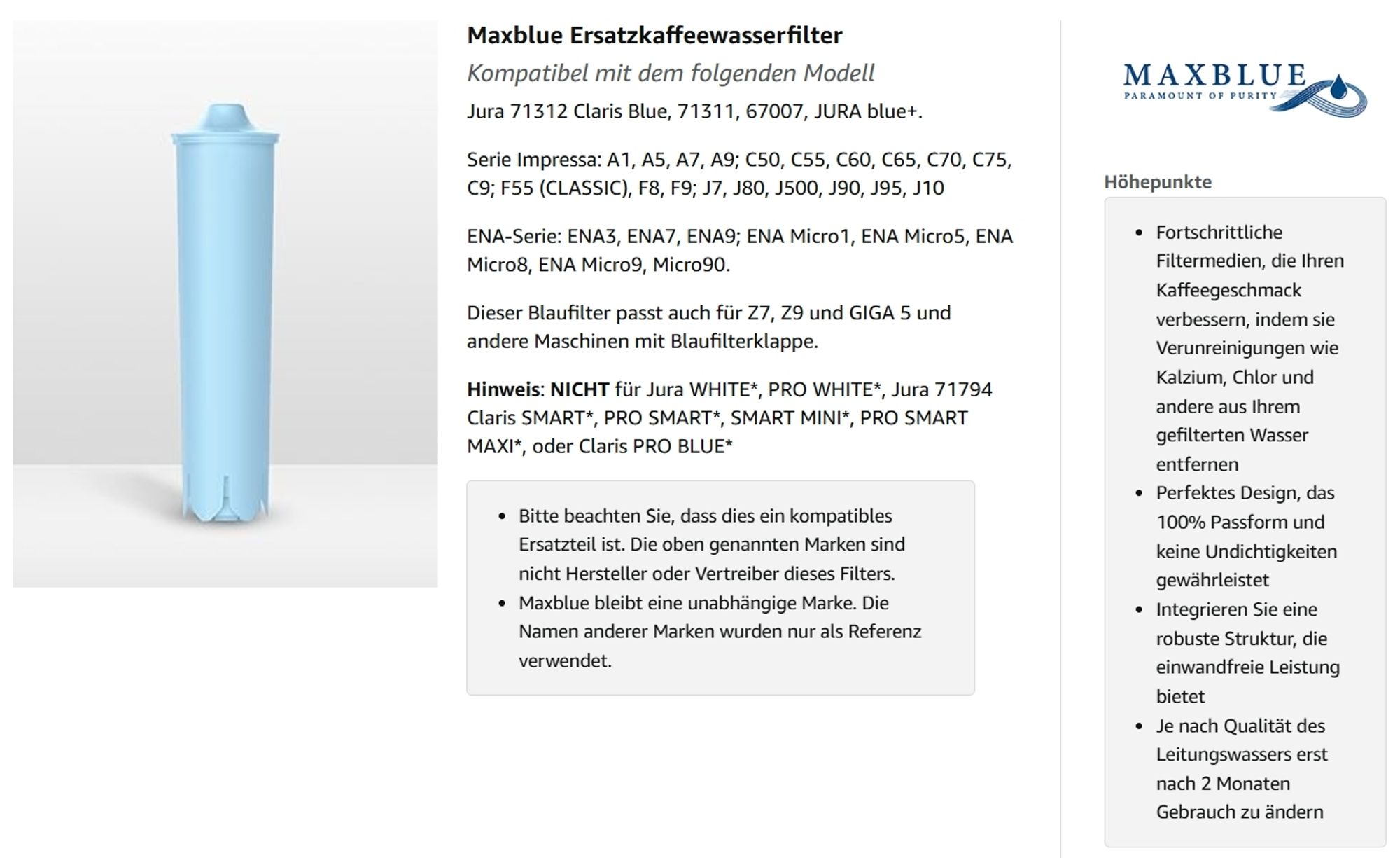 Maxblue Wasserfilter Ersatz für 71312 Blue, Kompatibel mit GIGA®, ENA®, ENA® Micro, IMPRESSA® Serie (4)