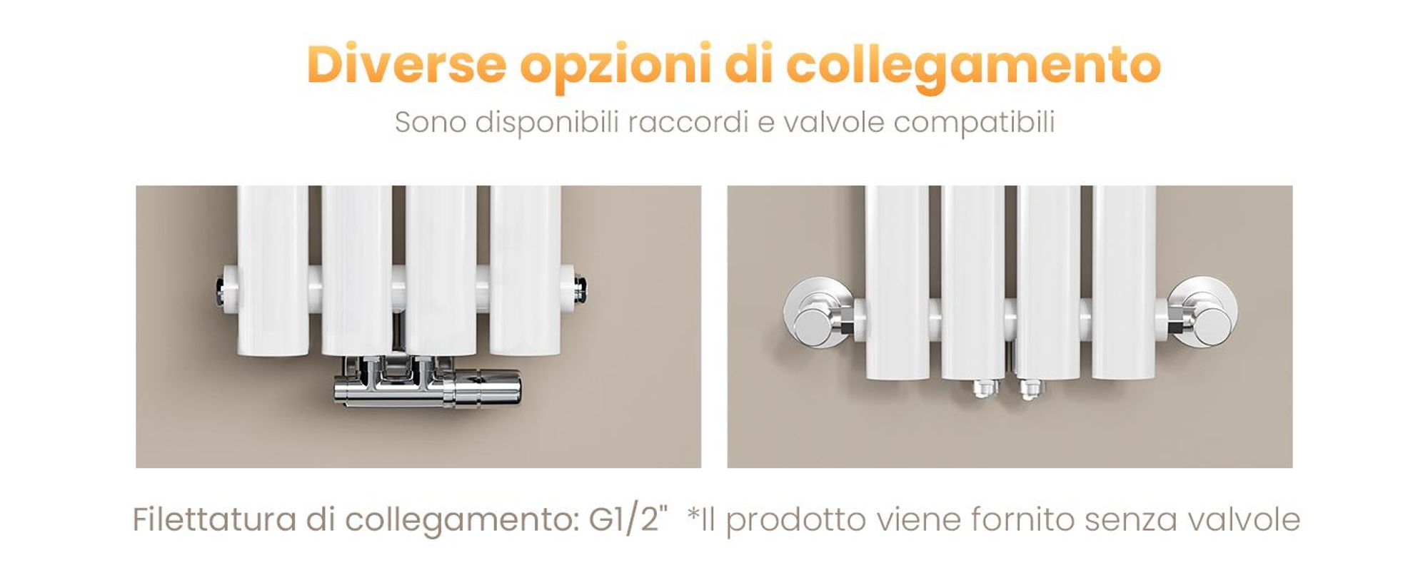 Radiatore tubolare di design EMKE per il funzionamento ad acqua calda con attacco centrale verticale ovale a doppio strato 623 watt 24cm x 160cm bianco senza elemento riscaldante