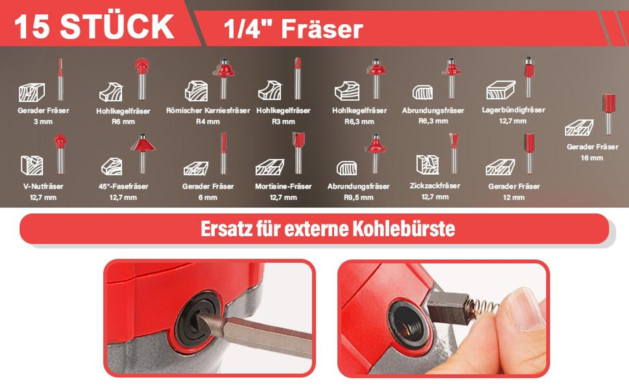TEENO Oberfräse 800W 13000–33000 U/min mit Plastikbox, Elektrik Hand Holz Oberfräse Kantenfräse Mit 15 Stück 1/4" Fräsen Cuter,6 Geschwindigkeitsstufe