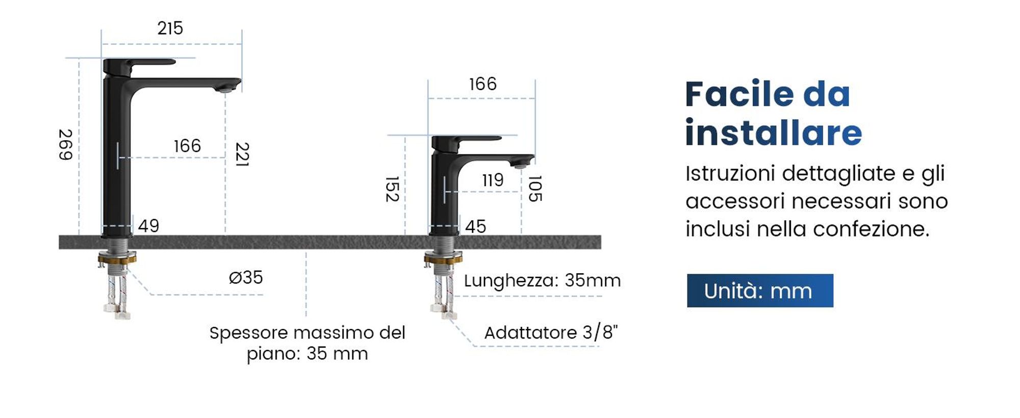 EMKE Rubinetto per lavabo Rubinetto per lavandino Rubinetto per bagno Miscelatore monocomando Rubinetto per bagno in ottone 269 x 215 x 49 mm Nero opaco