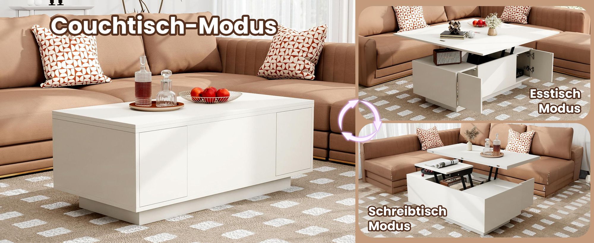 MODFU Couchtisch Wohnzimmertisch mit Doppel-Hebemechanismus,Sofatisch Kaffeetisch mit verstecktem Stauraum,Freizeittisch,Sideboard,Weiß