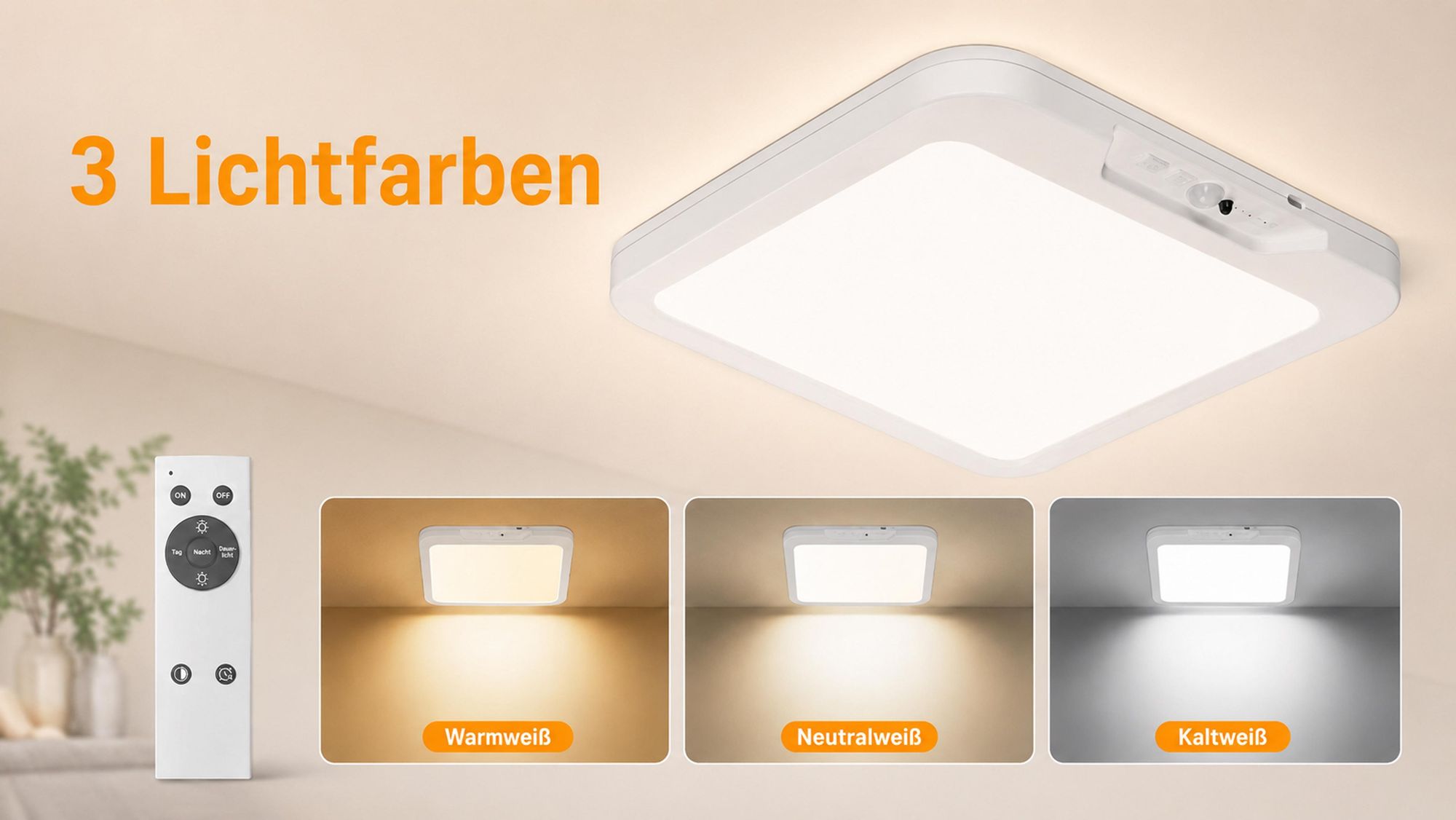 Led Deckenlampe mit Bewegungsmelder innen Kabellos Decke Lampe Dimmbar mit Batterie Wiederaufladbar für Flur/Keller/Badezimmer/Garage