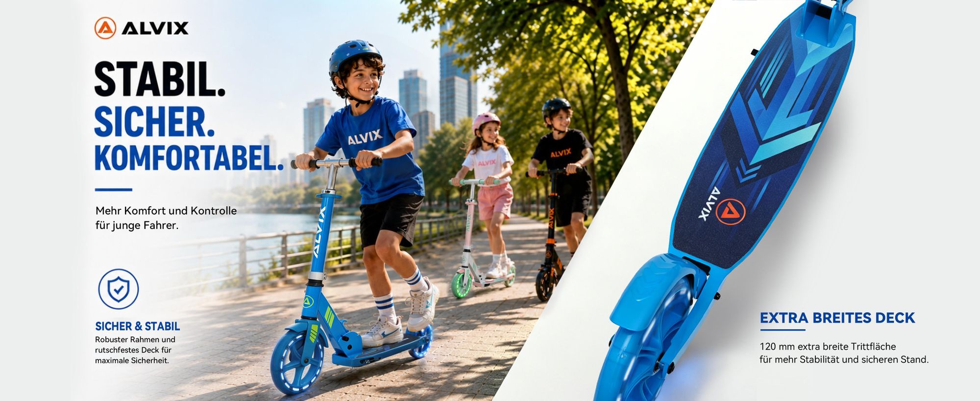 ALVIX Kinder-Scooter mit 200 mm LED-Rädern, breitem Deck und stabilem Rahmen.