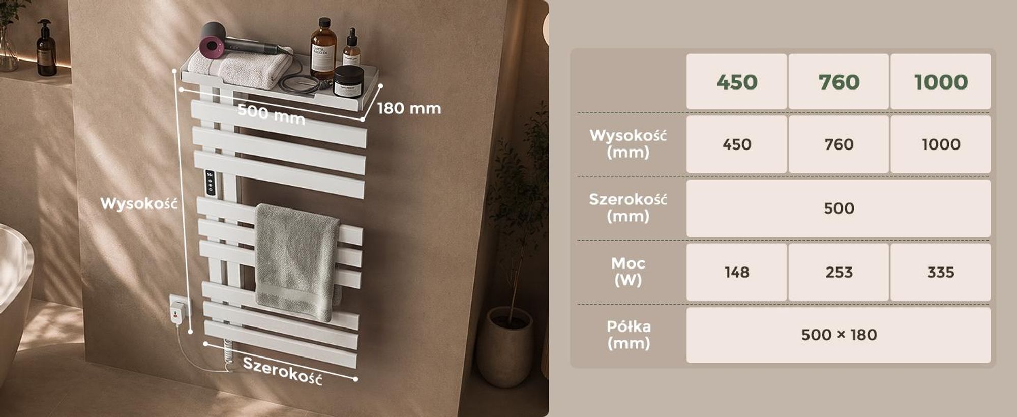 S'AFIELINA Grzejnik Łazienkowy Elektryczny 1050×500 mm 335 W Biały, Grzejnik na Ręczniki z Półką, WiFi, Ogrzewanie Włóknem Węglowym, 6 Trybów