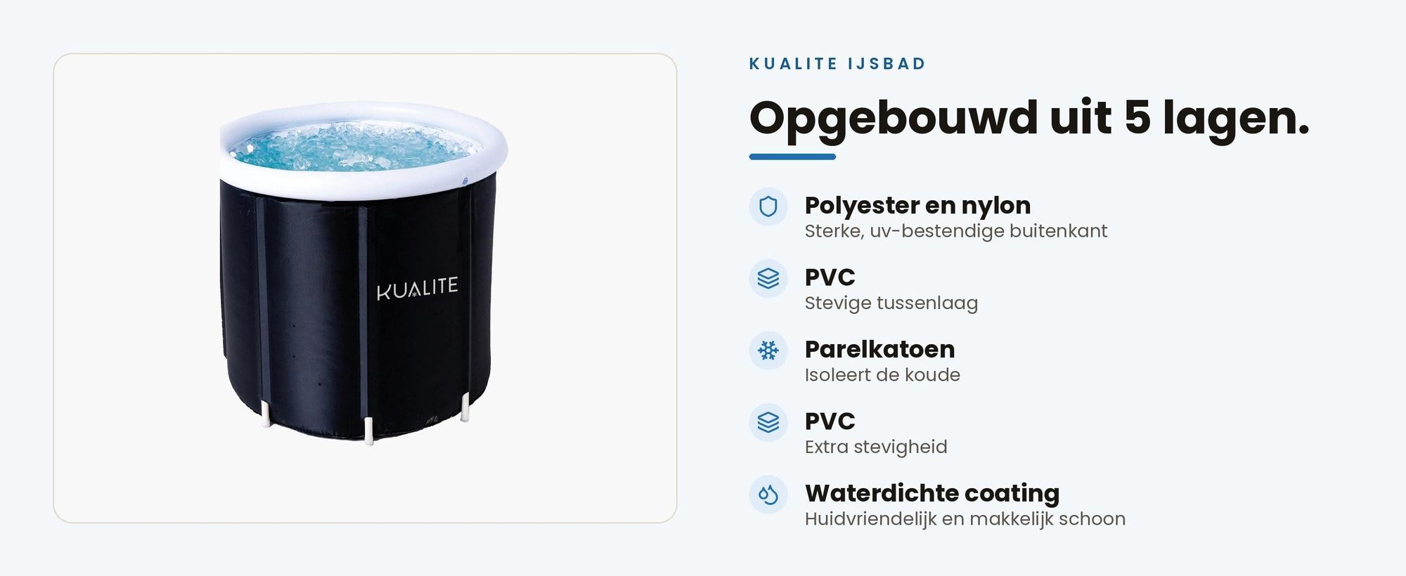 Opbouw van het Kualite ijsbad in 5 lagen: polyester en nylon, PVC, parelkatoen, PVC en coating