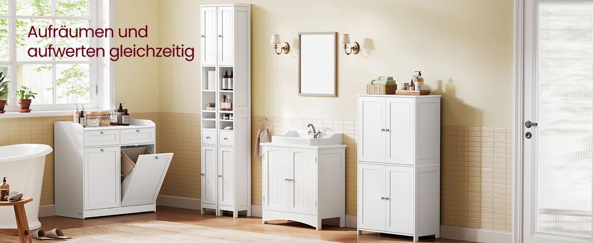 VASAGLE Badschrank mit 4 Türen, Badezimmerschrank mit höhenverstellbaren Einlegeböden, Shaker-Stil, weiß