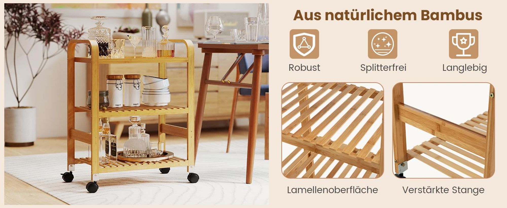 COSTWAY Servierwagen mit 3 Ablagen, Griffen & abnehmbarem Rollen, Küchenwagen Bambus auf Rädern, Mobiler Allzweckwagen Rollwagen Lagerregal für Küche, Flur & Bad, 58 x 33 x 76 cm