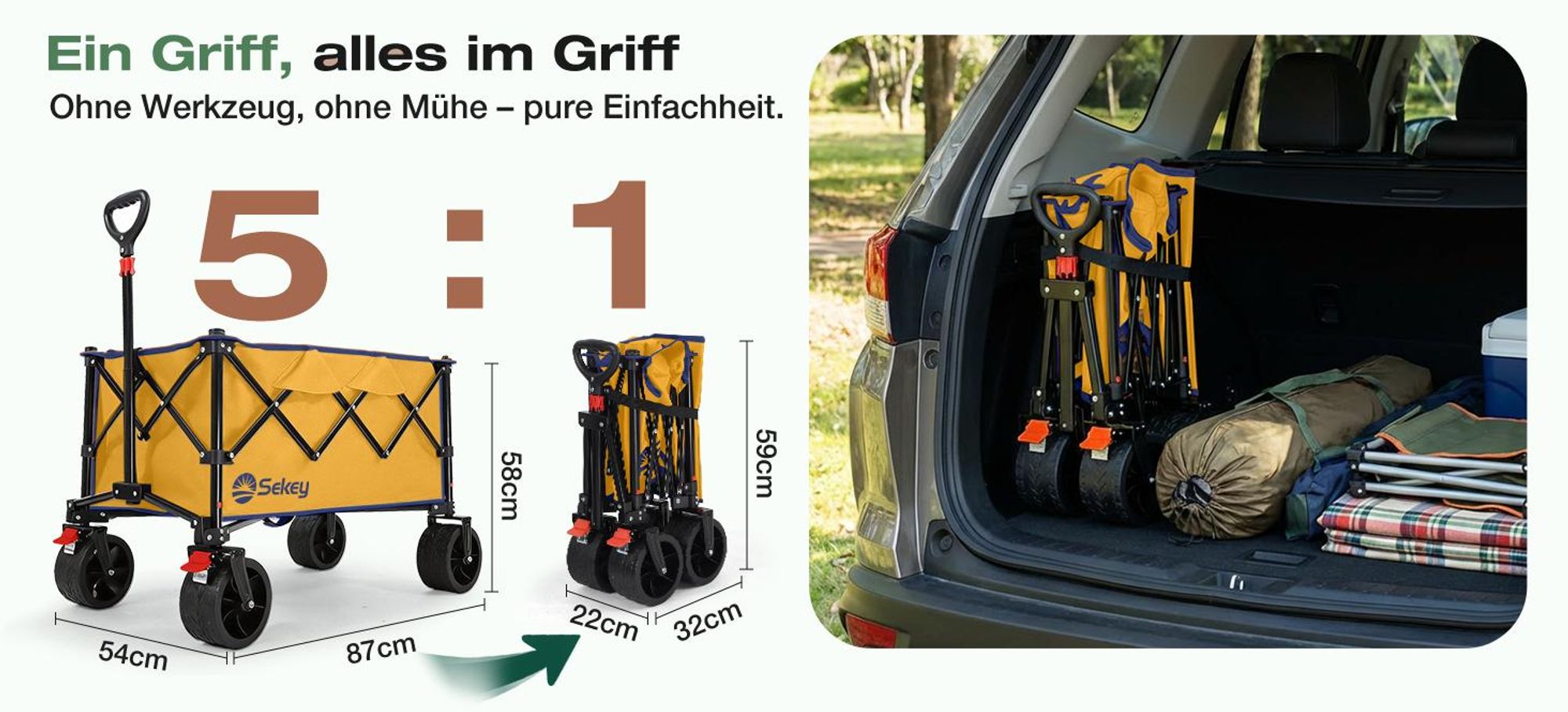 Sekey Faltbar Bollerwagen Klappbar Handwagen Gartenwagen 150kg Tragekraft Transportwagen, Gelb
