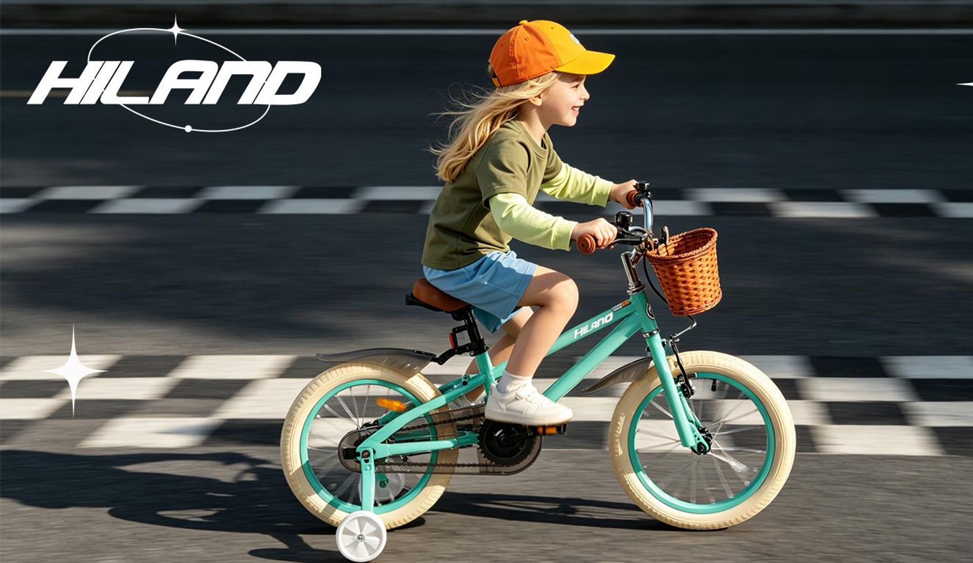 HILAND Ins Star 14 Zoll Kinderfahrrad für Mädchen Jungen 3 4 5 6 Jahre mit Stützräder, Korb, Handbremse und Rücktrittbremse, Mintgrün
