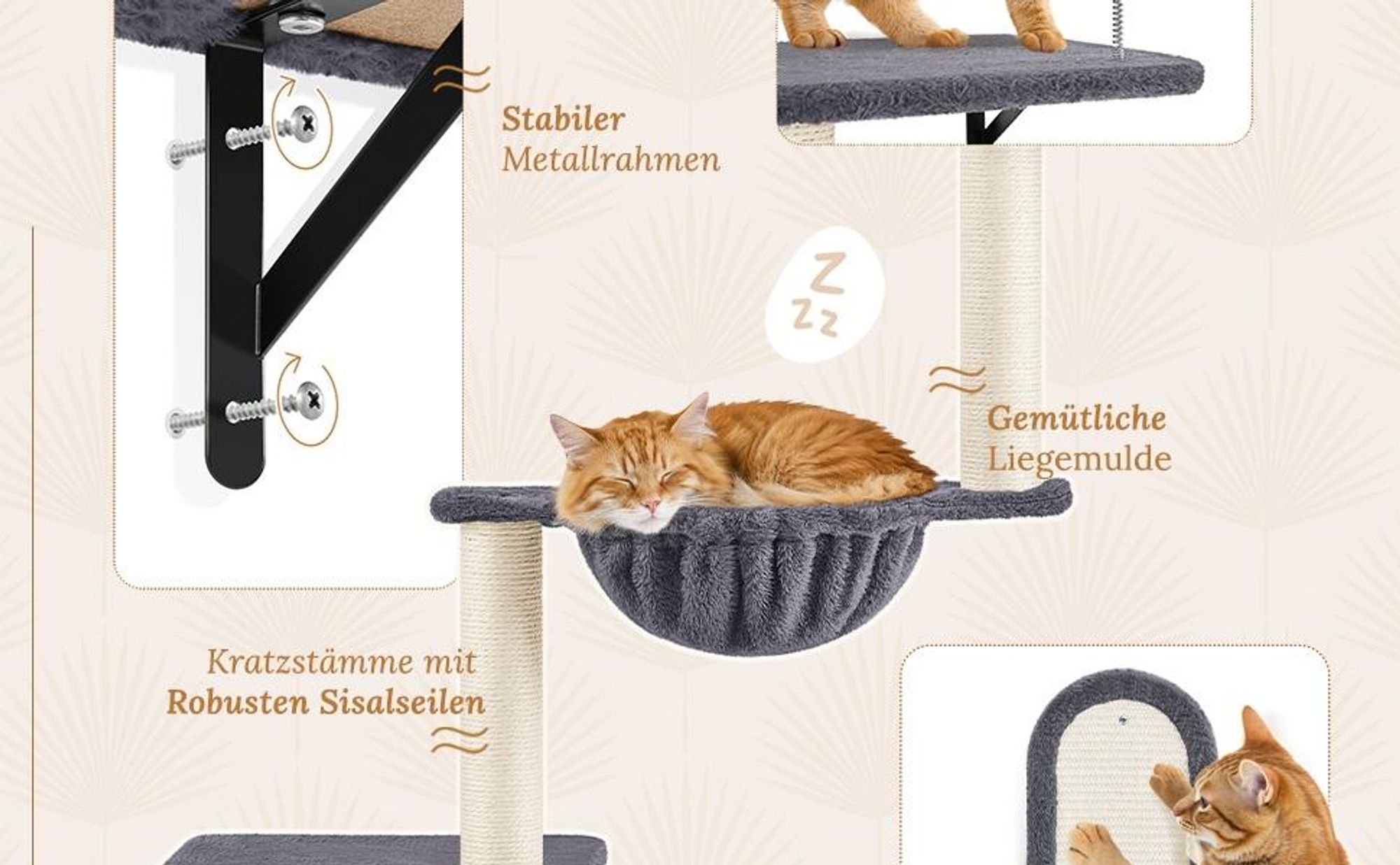 Yaheetech Katzen Kletterwand, 4er Set, inkl. Katzenhöhle Katzenliege Plattformen Kratzbrett & Katzenkorb, Dunkelgrau