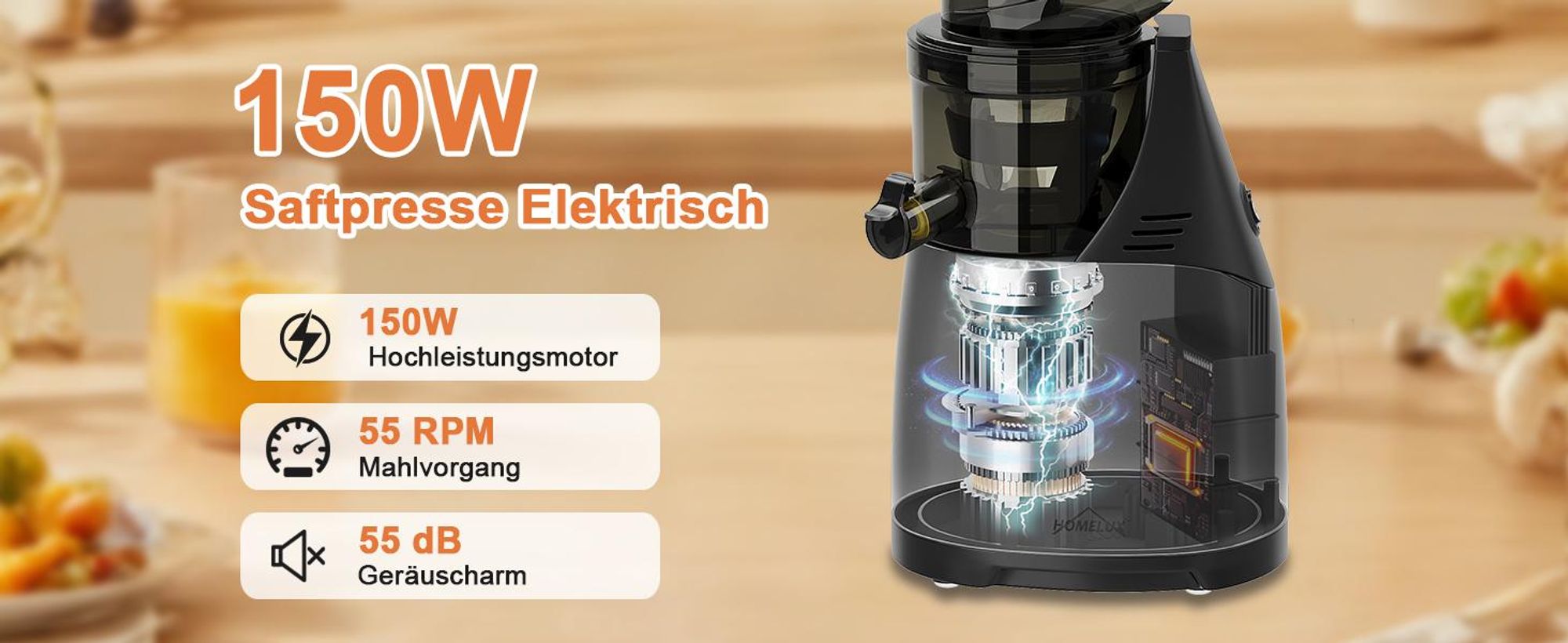 HOMELUX Entsafter 140 MM Slow Juicer 150W Einfüllschacht für Ganze Gemüse und Obst Kaltentsafter Elektrische mit 2 Tassen Reinigungsbürste, Silber