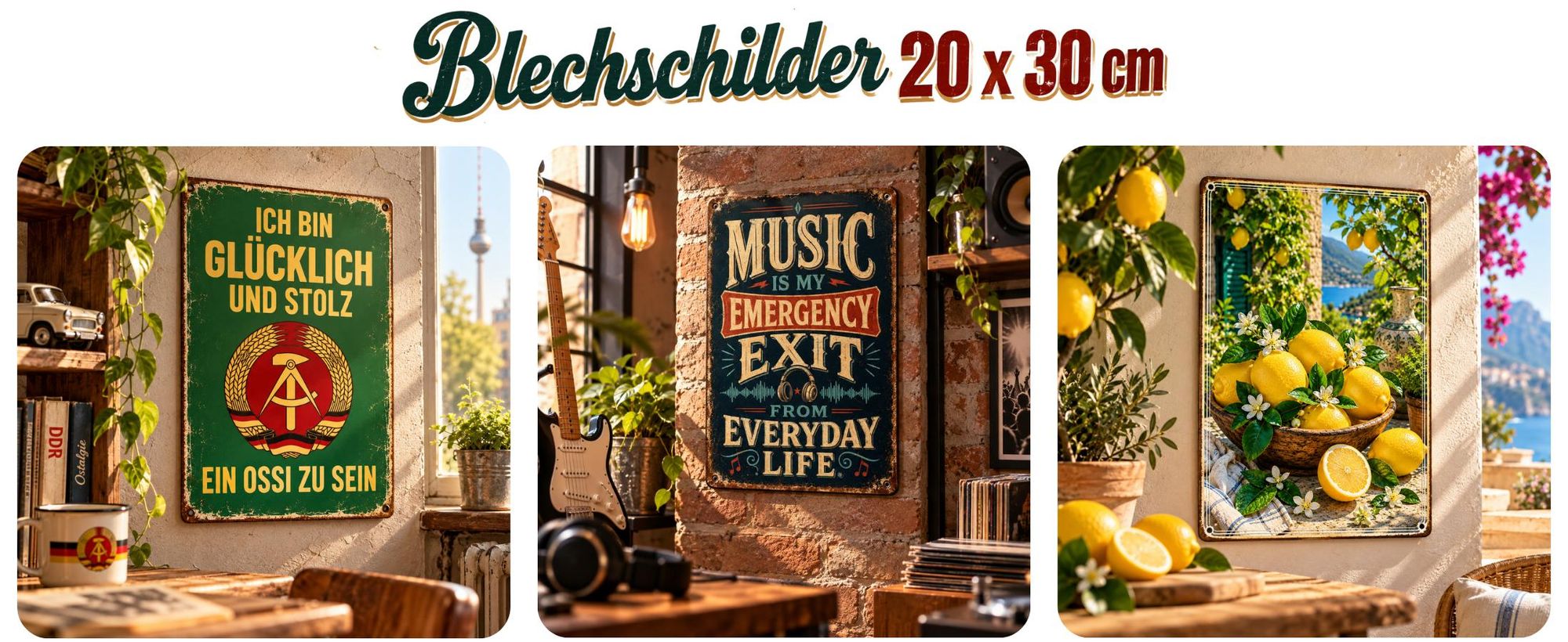 AstraDesign Blechschilder 20 × 30 cm mit vielseitigen Retro-, Musik- und Dekomotiven für jeden Raum.