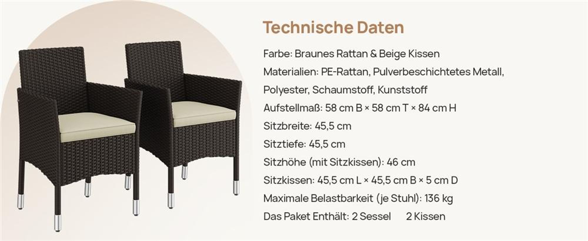 Yaheetech 2er Set Gartenstuhl aus Polyrattan, inkl. Sitz- & Rückenpolster, Gartenmöbel Set mit 2 Sessel, wasserabweisend & waschbar, Braun & Beige