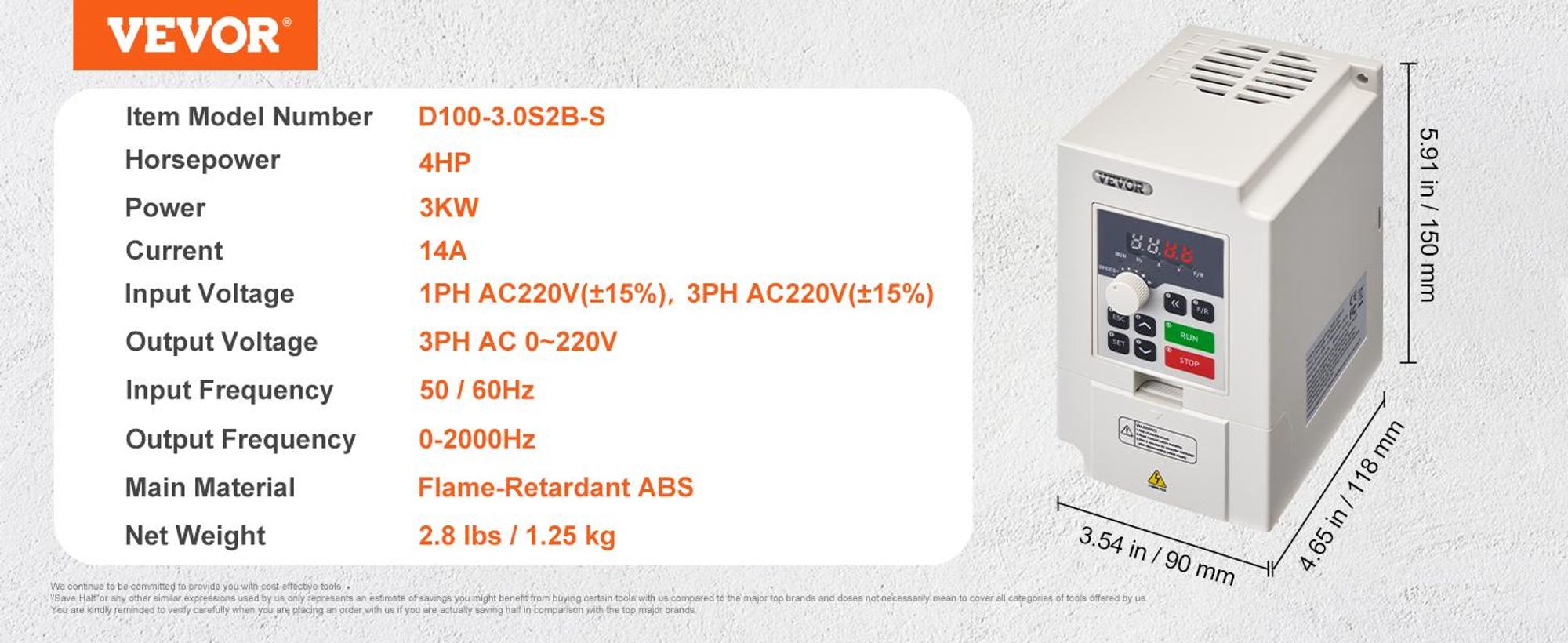 VEVOR VFD 10HP, 7,5KW, 35A, 1 oder 3 Phasen 220V Eingang zu 3 Phasen 220V Ausgang Frequenzumrichter, 40-60Hz Eingang, 0-400Hz Ausgang VFD für Spindelmotor CNC Geschwindigkeitsregelung, 3 kW, 220 V-c