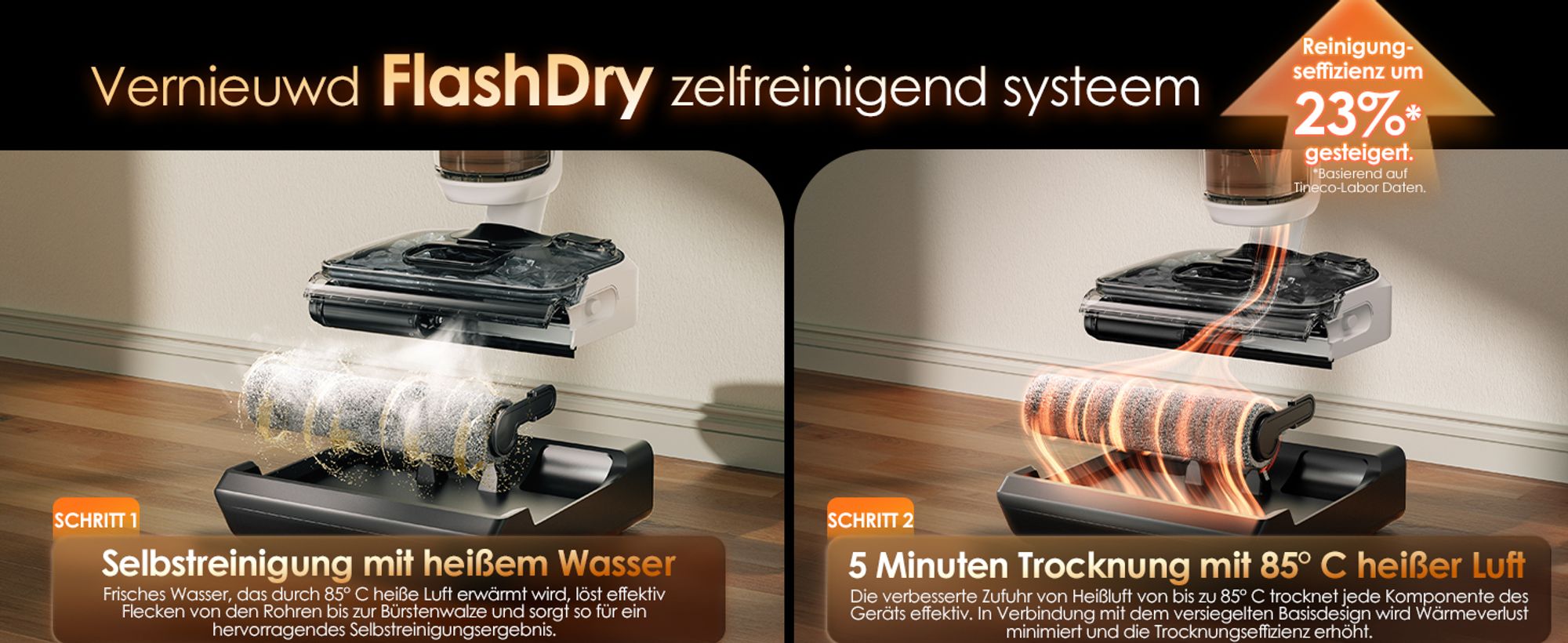 Tineco Floor ONE Switch S6 Stretch Nass Trockensauger 180° Lay-Flat 85°C Flashdry 5-in-1 Selbstreinigung Handstaubsauger, Anti-Tangle, Kantenreinigen