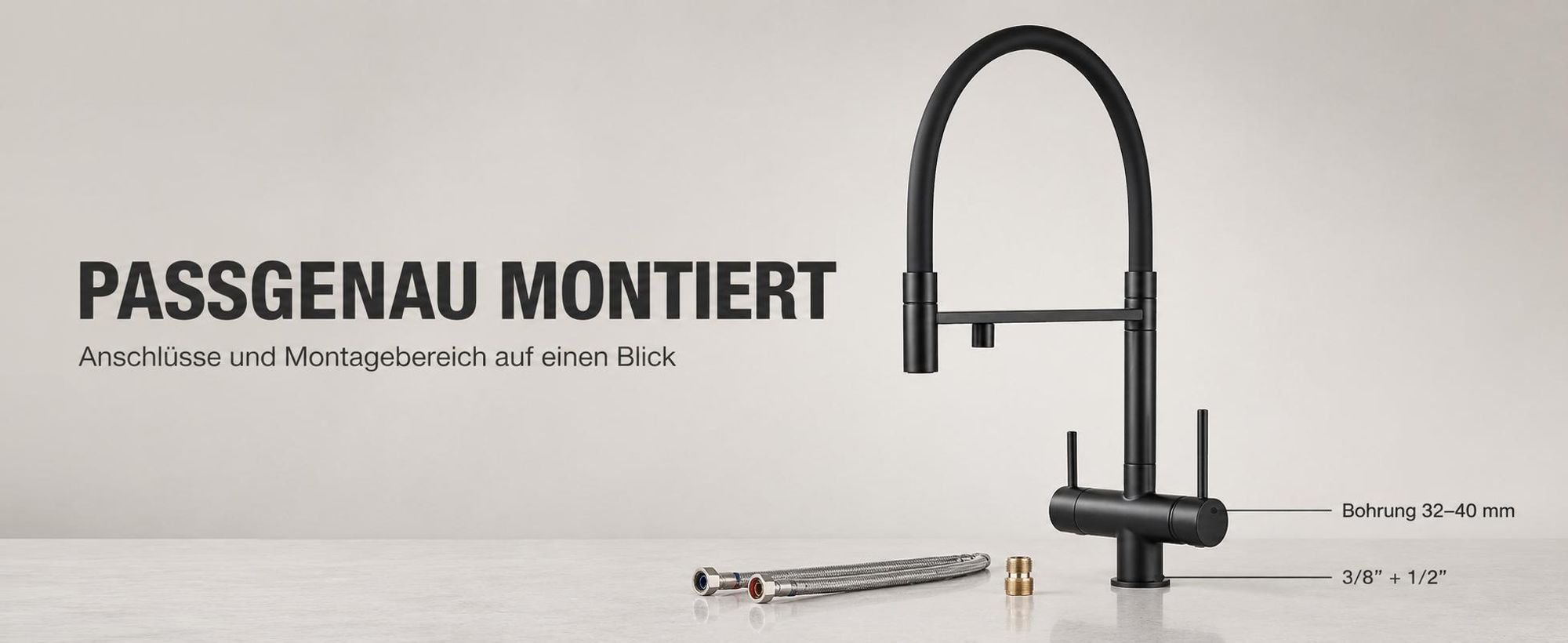 3-Wege Küchenarmatur HighFlex  mit Wasserfilter-Anschluss, herausziehbare Brause, 360° schwenkbar, getrennte Wasserwege, Keramikkartusche Gold