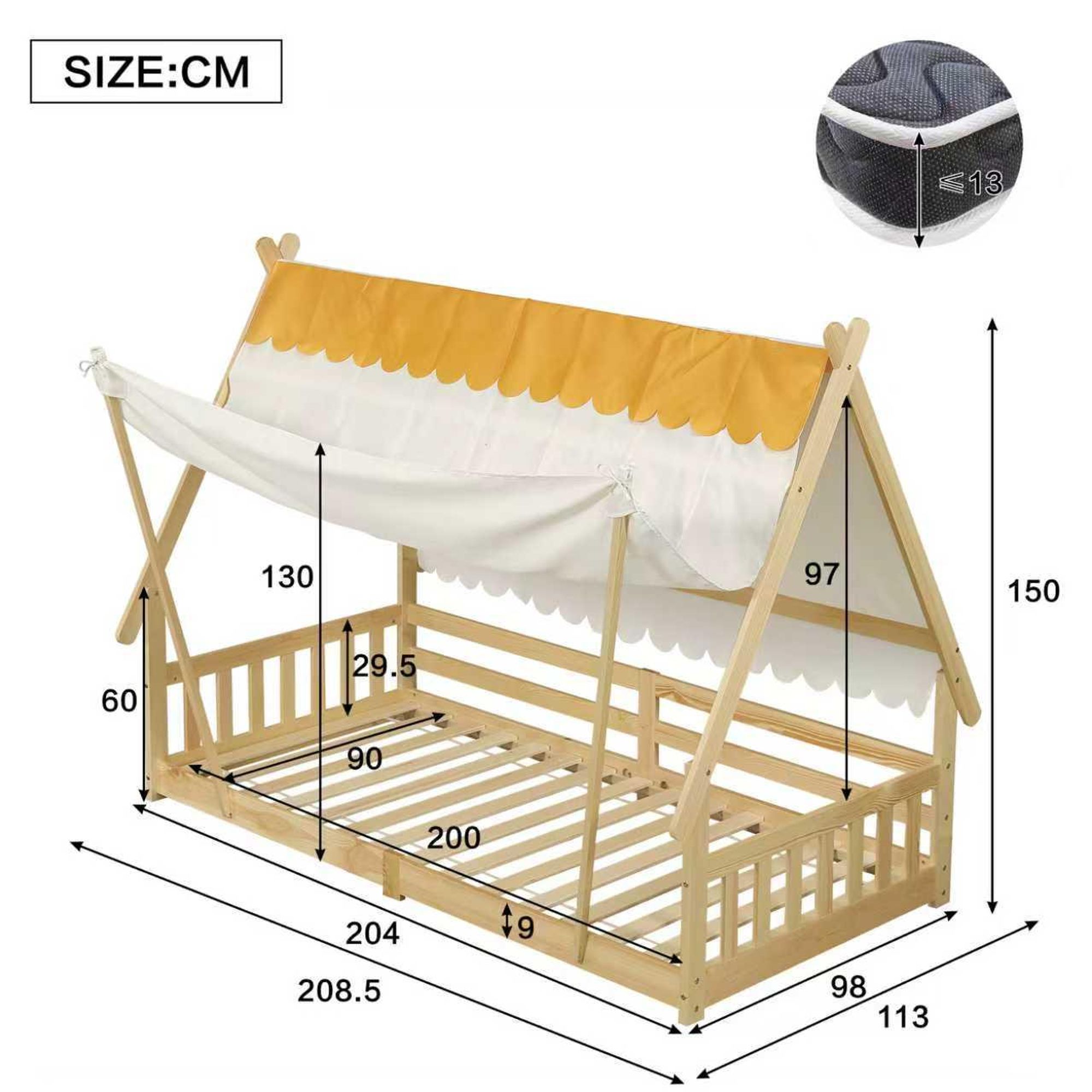 Flieks Kinderbtt Hausbett 90x200cm mit abnehmbarem Zelt, Bodenbett Einzelbett mit Rausfallschutz und Lattenrost, Naturbelassen