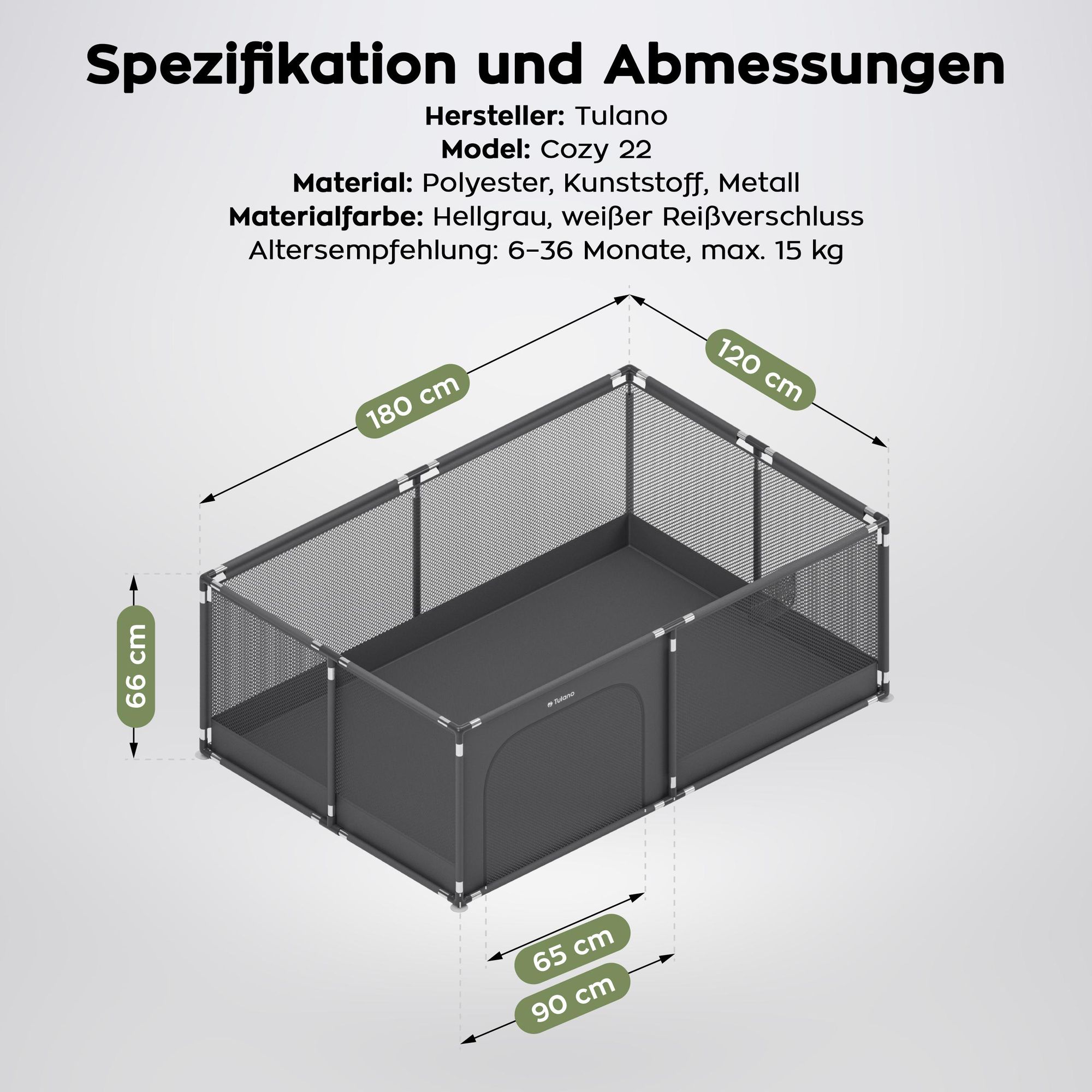 Kinder Laufstall Playpen Laufgitter 120x180 cm mit Boden, 66 cm hoch, faltbar, Reißverschluss Tür innen & außen, Saugnäpfe, Tragetasche, BPA-frei