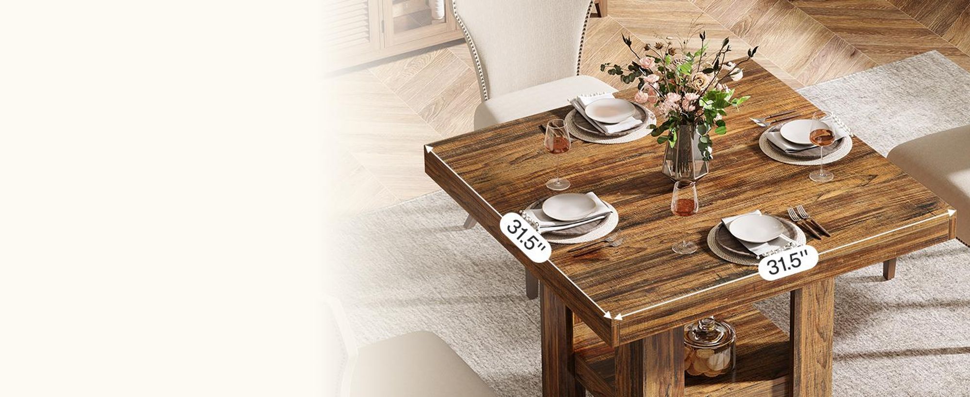 Tribesigns 80 cm quadratischer Esstisch für 4 Personen, kleiner Küchentisch mit Ablagefläche, kompakte Esszimmermöbel für Büros, Restaurants, Braun