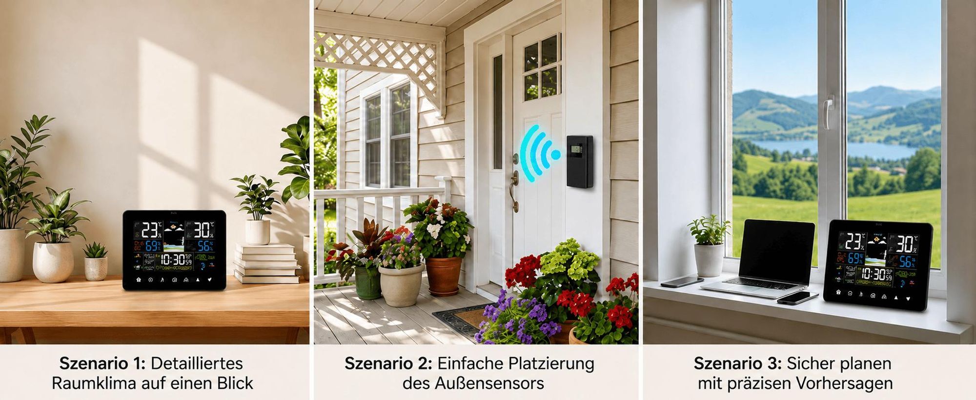 LCD Funk-Wetterstation mit Außensensor, Großes Touchscreen Farbdisplay, Wecker Funkuhr Kalender Vorhersage Hygro