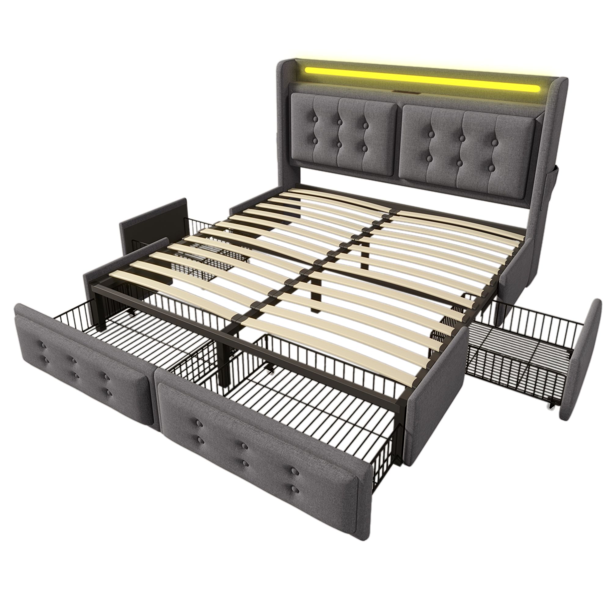 Flieks Polsterbett 140x200cm mit 4 Schubladen, Stauraumbett Doppelbett mit Ladefunktion, Jugendbett Holzbett mit LED, Funktionsbett Baumwolle, Grau