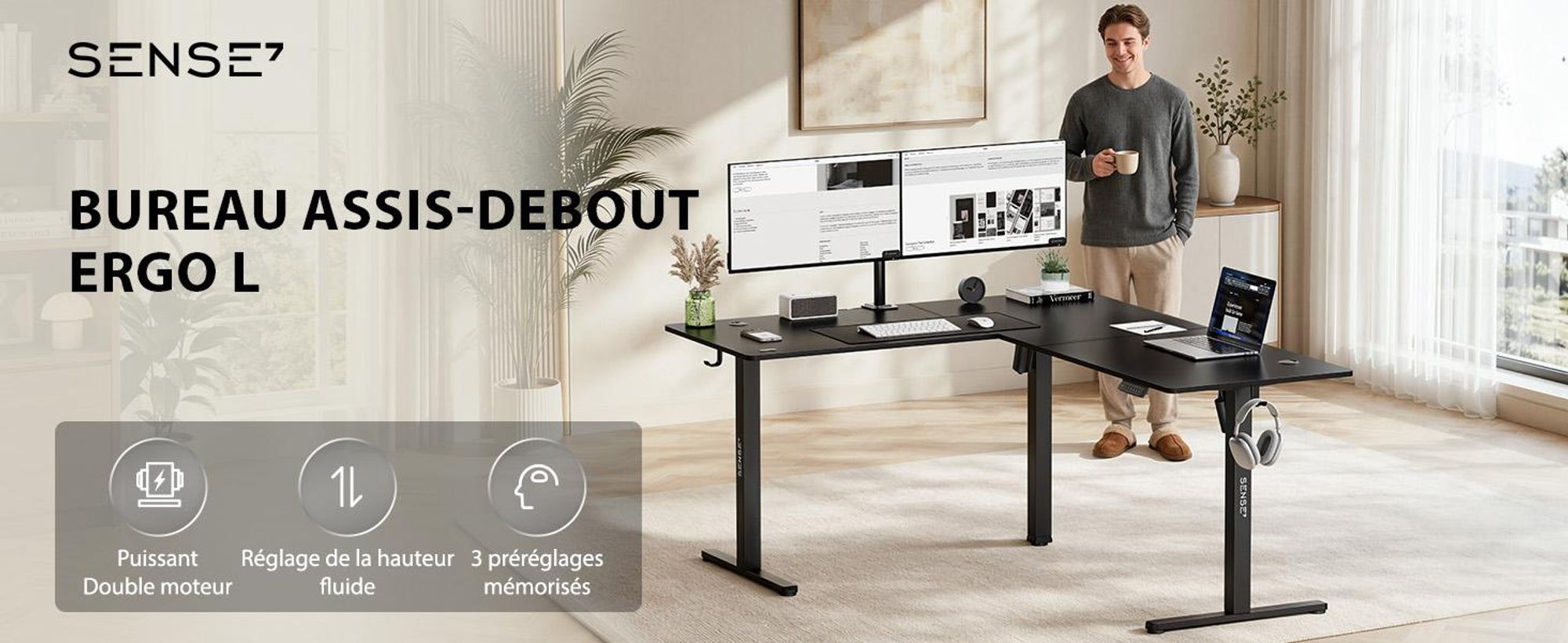Bureau d'angle SENSE7 NOJO Light Corner, électrique, réglable en hauteur, dimensions 160x140, forme en L, bureau debout, double moteur, structure de bureau avec fonction mémoire, couleur noire