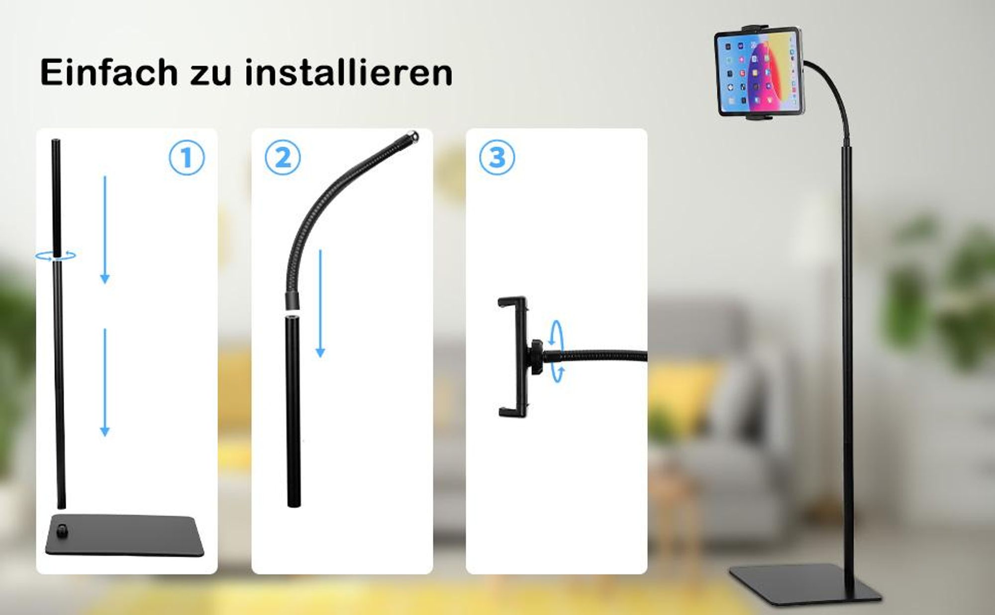 Tablet Bodenständer, Tablet Ständer, Universeller Tablet Halterung, 360 Grad drehbarer, mit flexiblem Schwanenhals, für 4,5 - 12,9 Zoll Tablet