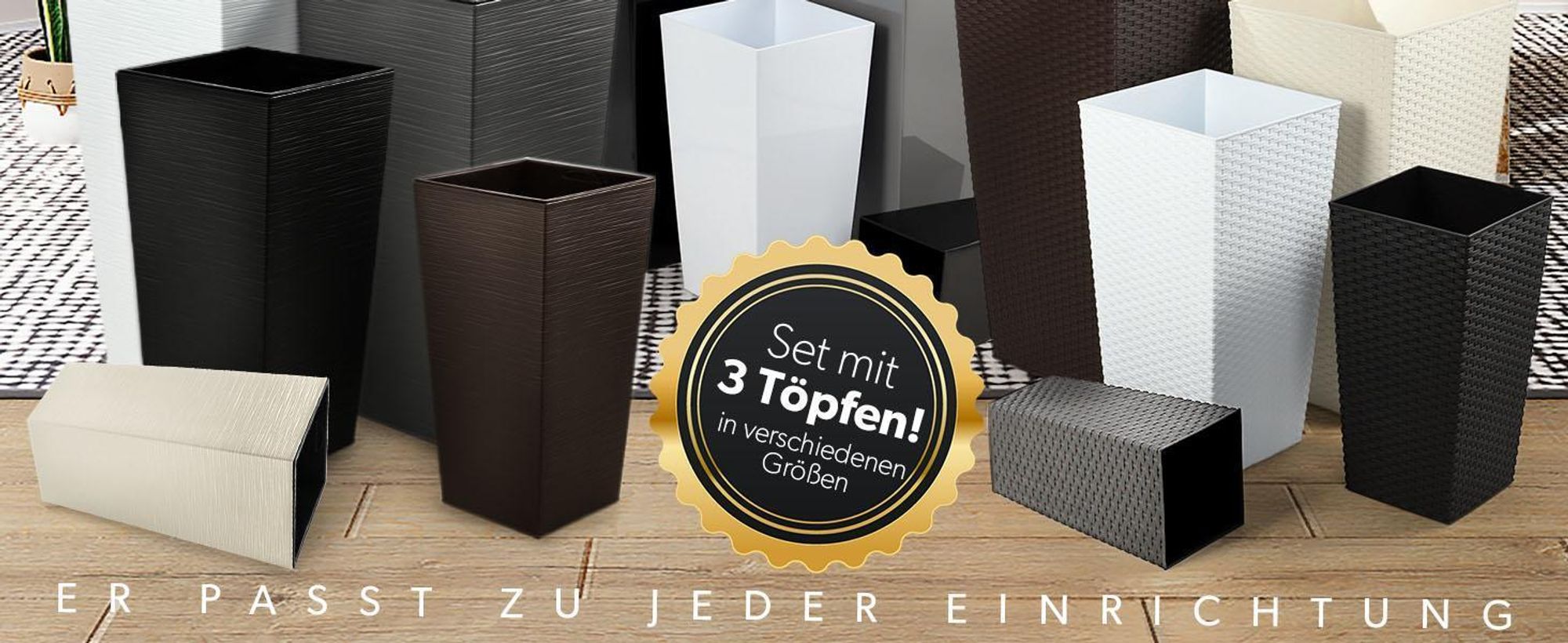 KADAX Rattan-Blumentopf-Set "Pesaro", Kunststoff-Blumentopf, Mokka, 3er Set