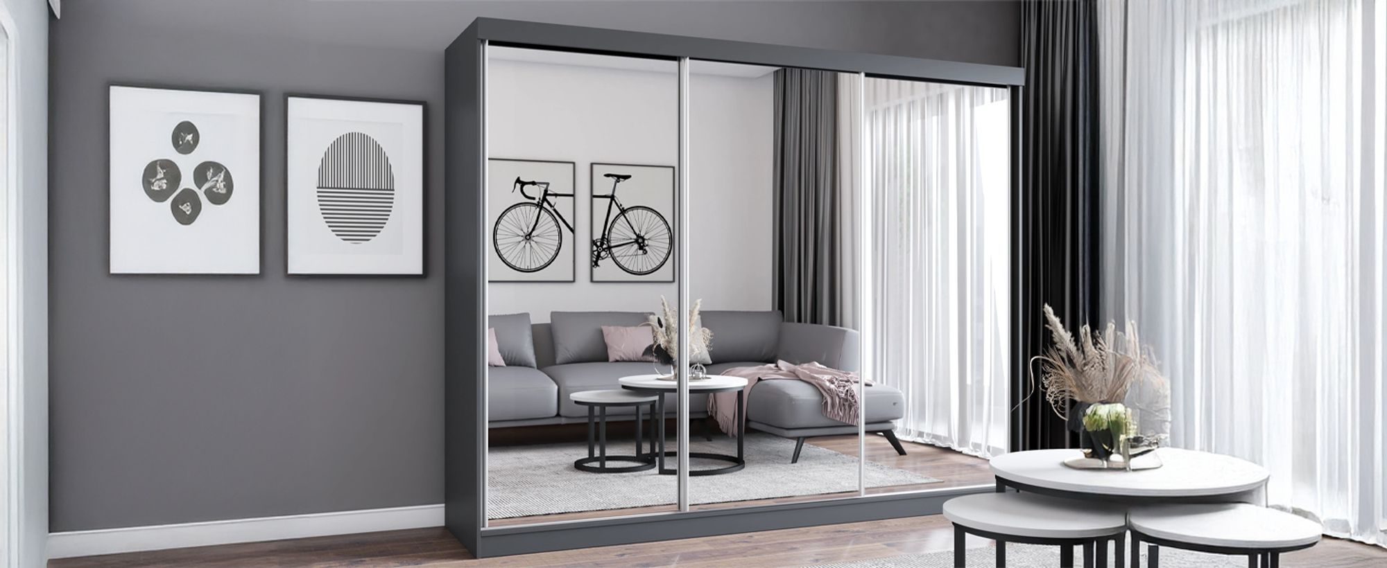 MILAN Schwebetürenschrank Kleiderschrank 250cm Grau/Grau mit Spiegeln und Schubladen
