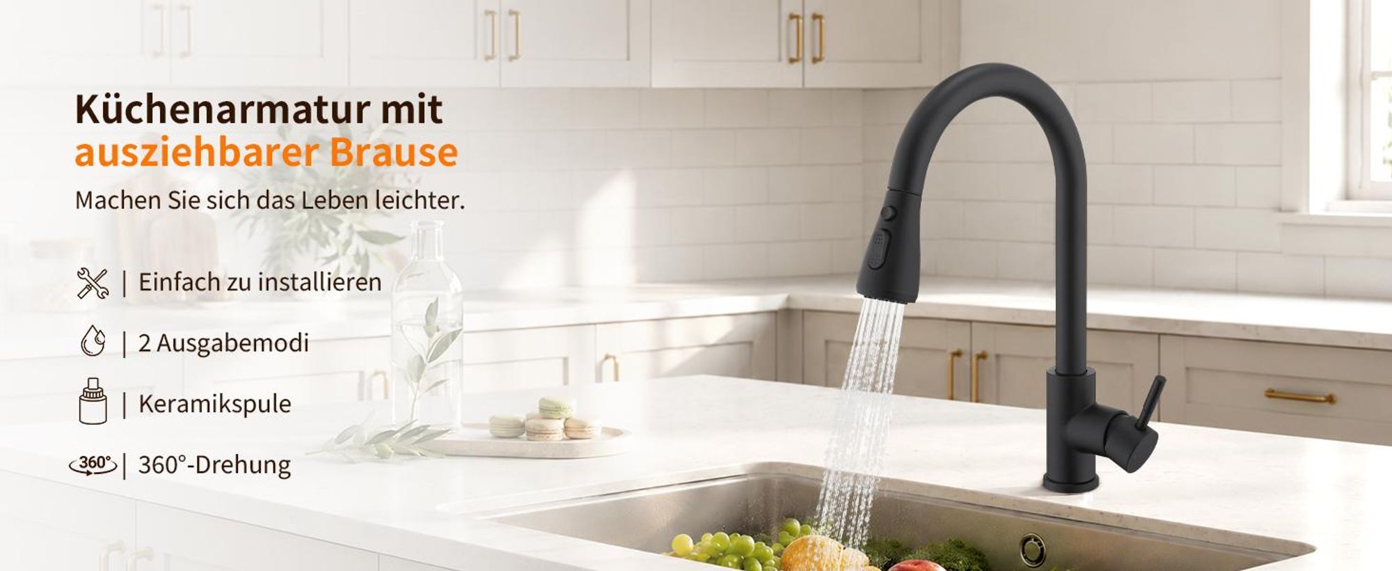 Homelody Schwarz Küchenarmatur Spültischarmatur mit Brause 35cm, Wasserhahn Küche Ausziehbar mit Zwei Wasserstrahlarten, 360°Schwenkbar, Edelstahl 304