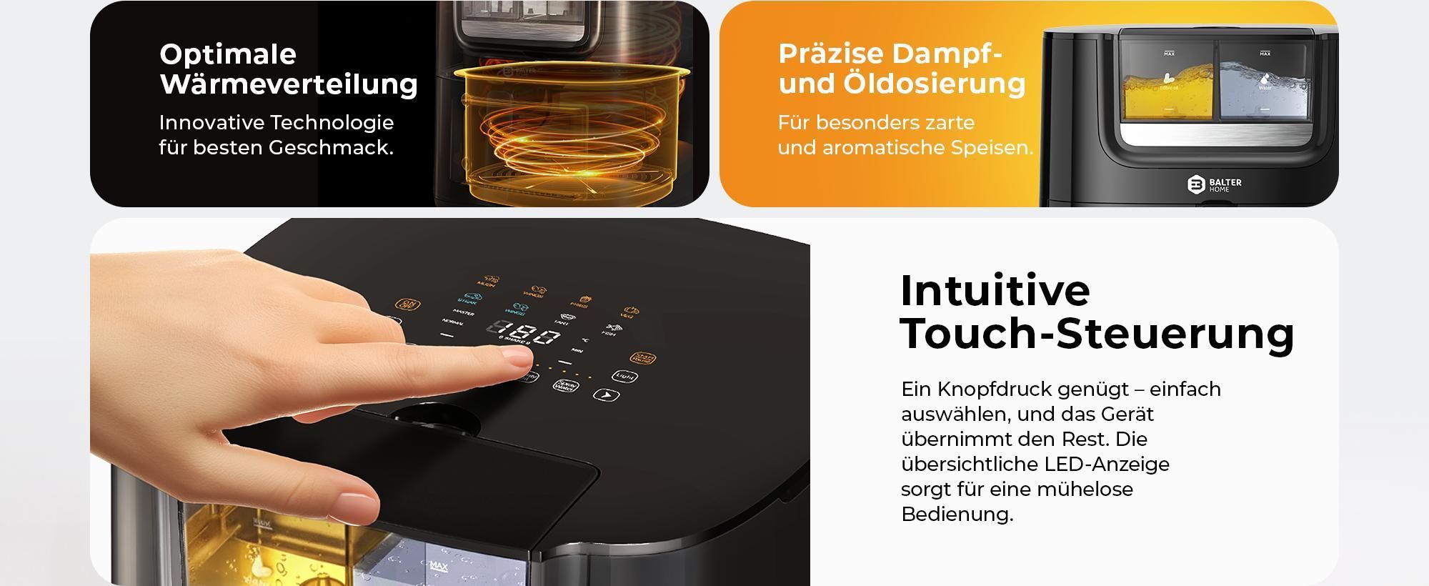 Balter Heißluftfritteuse 7,2L mit Sichtfenster, 1800W, Öl- & Wasser-Spray, Airfryer, 10 Programme, Touchbedienung, 100 Rezepte, Edelstahl, Schwarz