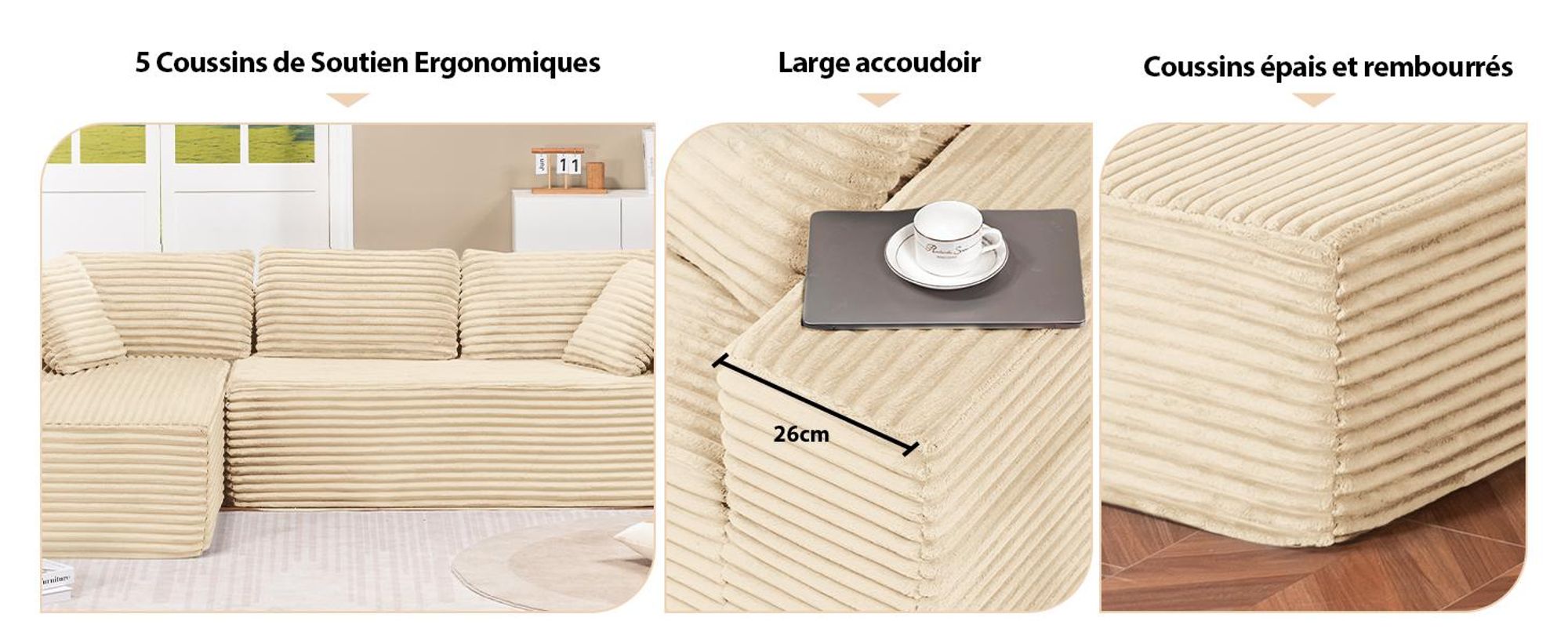 COMHOMASofa Big-Sofa, Canapé en L, Canapé d'angle, Chaiselongue Canapé-lit avec assise profonde et larges accoudoirs, tissu velours côtelé, beige-R