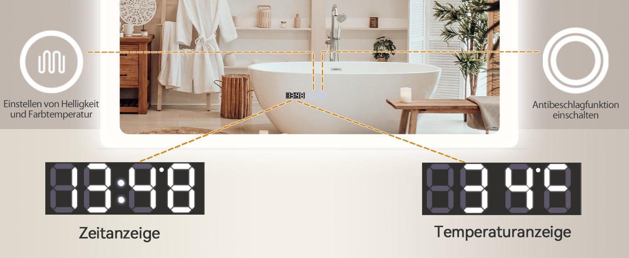 Puluomis Badspiegel mit Beleuchtung beschlagfrei 100x60, mit Uhr und Temperatur Badezimmerspiegel LED 6500k dimmbar spritzwassergeschützt
