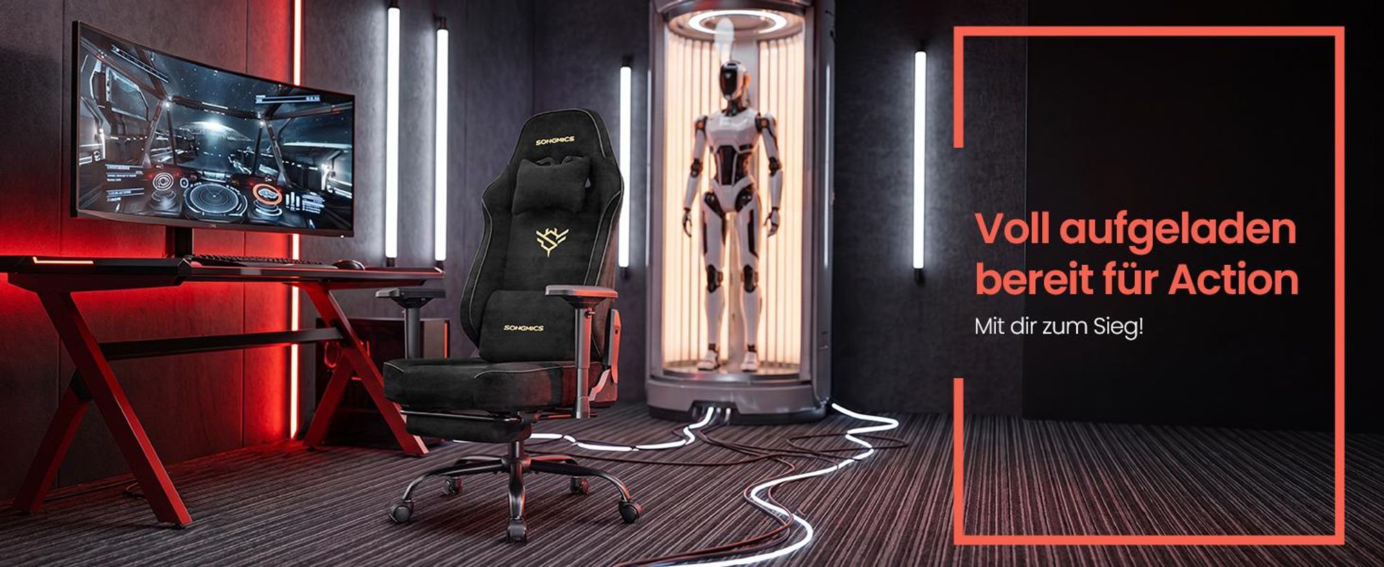 SONGMICS Gaming Stuhl aus WildKunstleder mit Fußstütze und 4D-Armlehnen, bis 200 kg, 72 x 72 x (125-135) cm, Schwarz