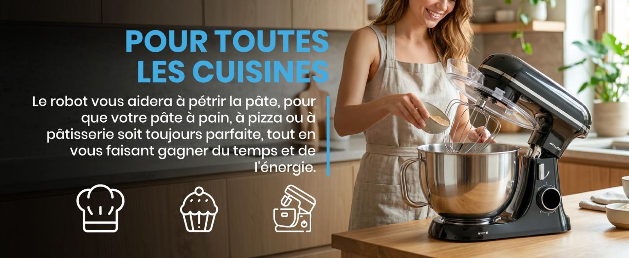 Robot de cuisine, pétrin, mixeur, bol de 7 litres, 3 vitesses, crochets et fouets, acier inoxydable noir, MaltecChef4000W-BL