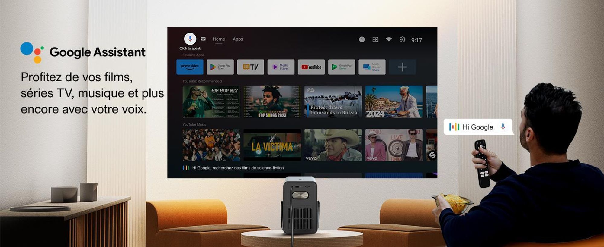Poseidon E40 Beamer, Android TV 11.0 avec Netflix, Dolby Audio Beamer, 2000:1, 1920 x 1080 px, Design poignée de transport, Projecteur portable Native 1080P