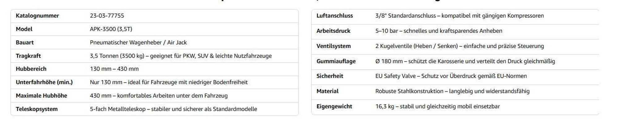Pneumatischer Wagenheber APK-3500 3,5T mit Hubhöhe 130–430 mm