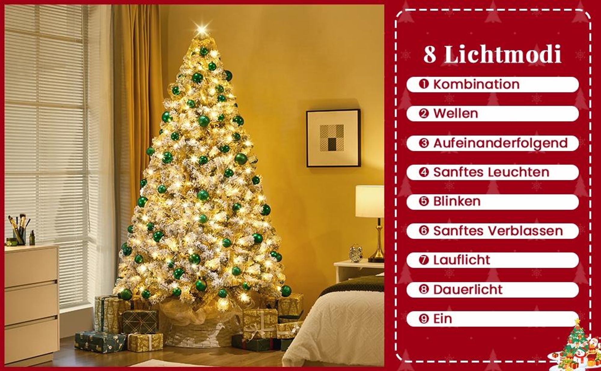 Yaheetech 213cm Künstlicher Weihnachtsbaum mit Schnee & 350 LED, ca.1000 Spitzen, Tannenbaum mit Metallständer, Weiß & Grün