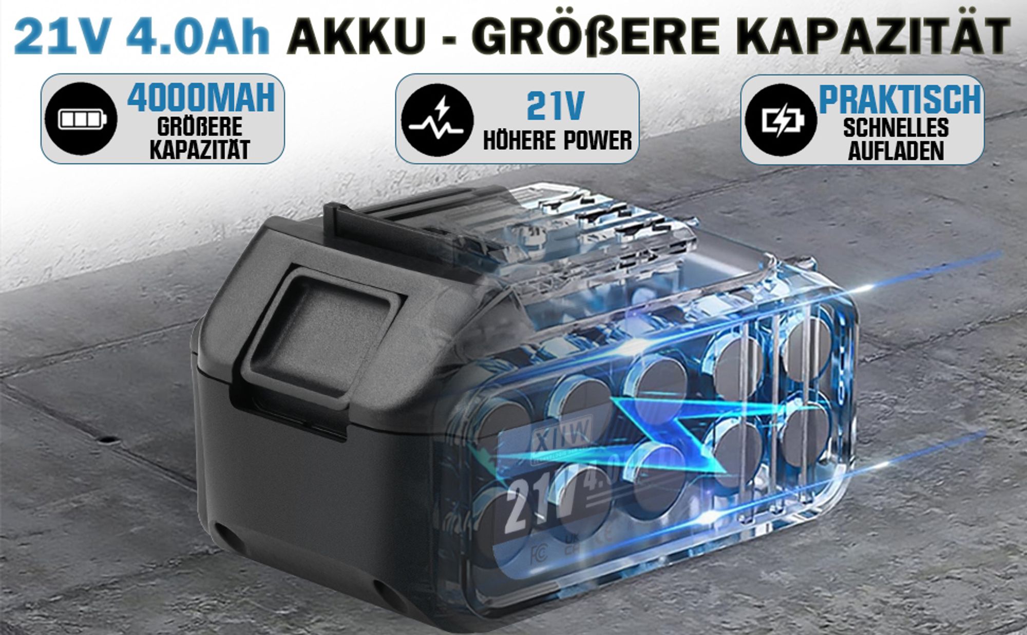 LEISTUNGSSTARKER AKKU Enthalten ist 2x 21V 4,0-Ah-Akku.