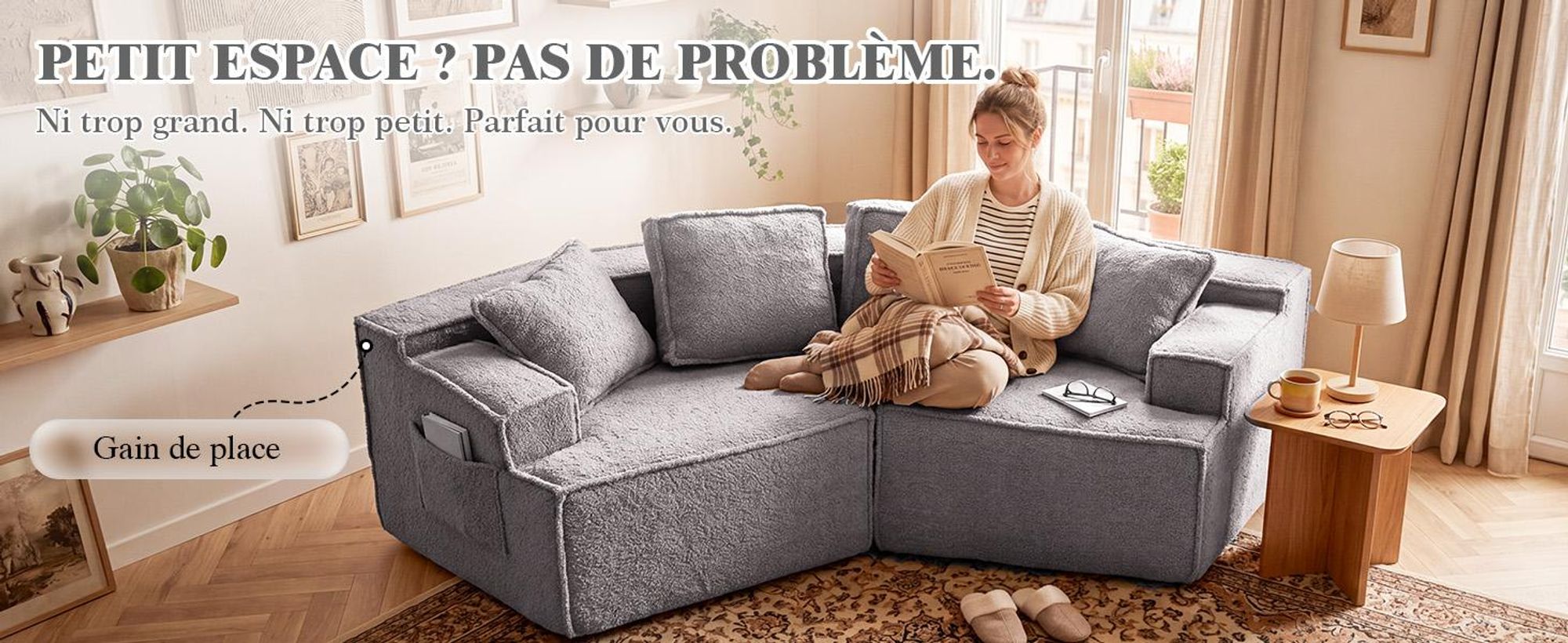 Canapé COMHOMA, 2 places, 228 x 75 x 67 cm, canapé modulaire convertible, canapé rembourré, avec sac de rangement, canapé convertible, ne nécessite pas d'assemblage