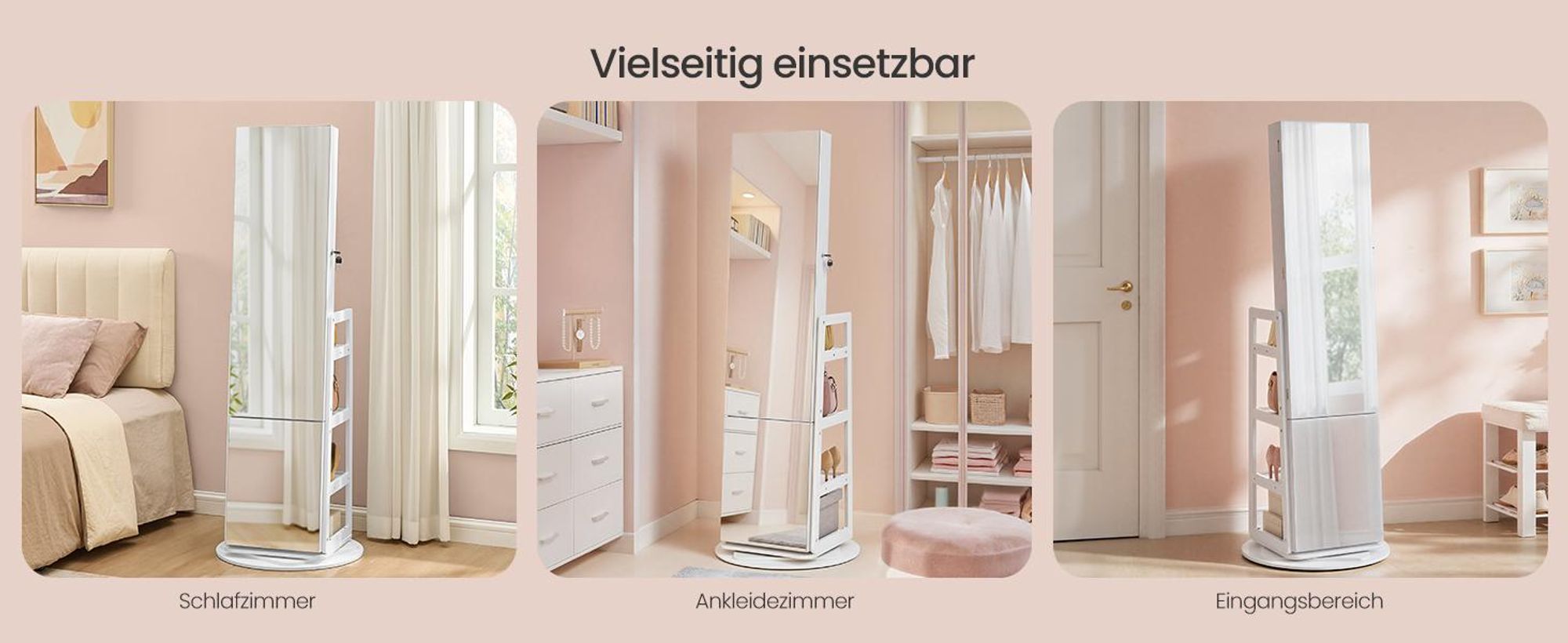 SONGMICS Schmuckschrank mit Ganzkörperspiegel, Schmuckaufbewahrung, Spiegelschrank mit 4 Ablagen, integrierte LED-Beleuchtung, 360° drehbar