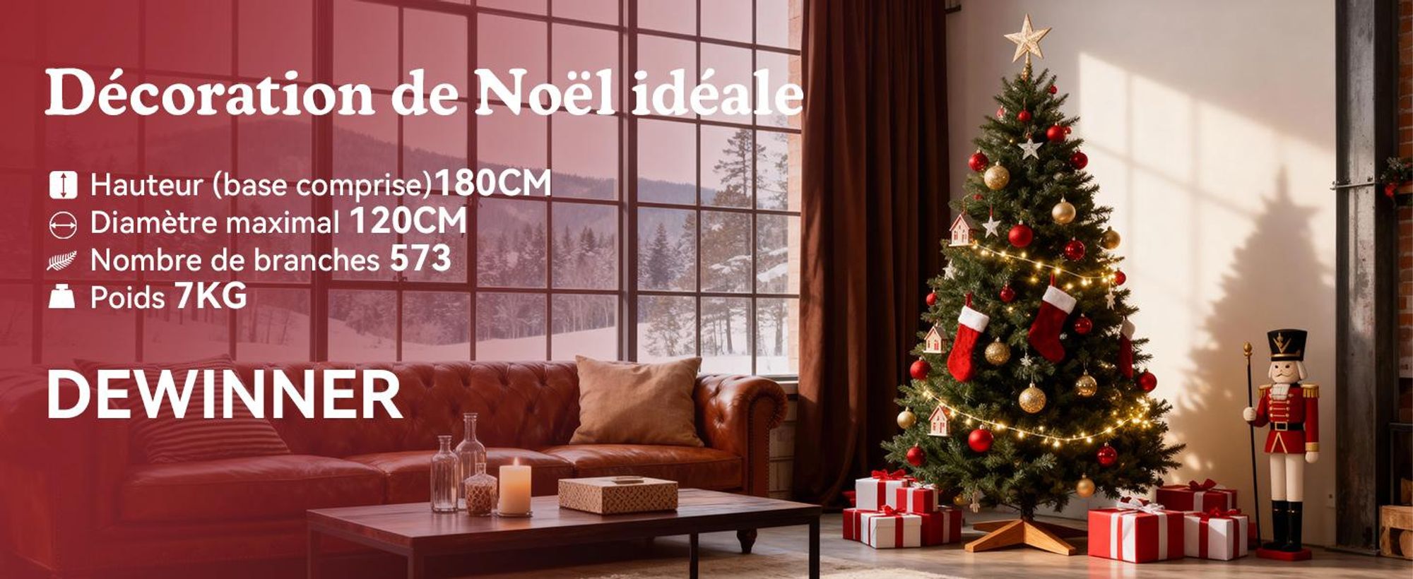 Sapin de Noël Artificiel DEWINNER 180 cm,, Branches PE PVC Réglables, Support en Bois Stabilisé, Extra Dense et Réaliste, Montage Rapide