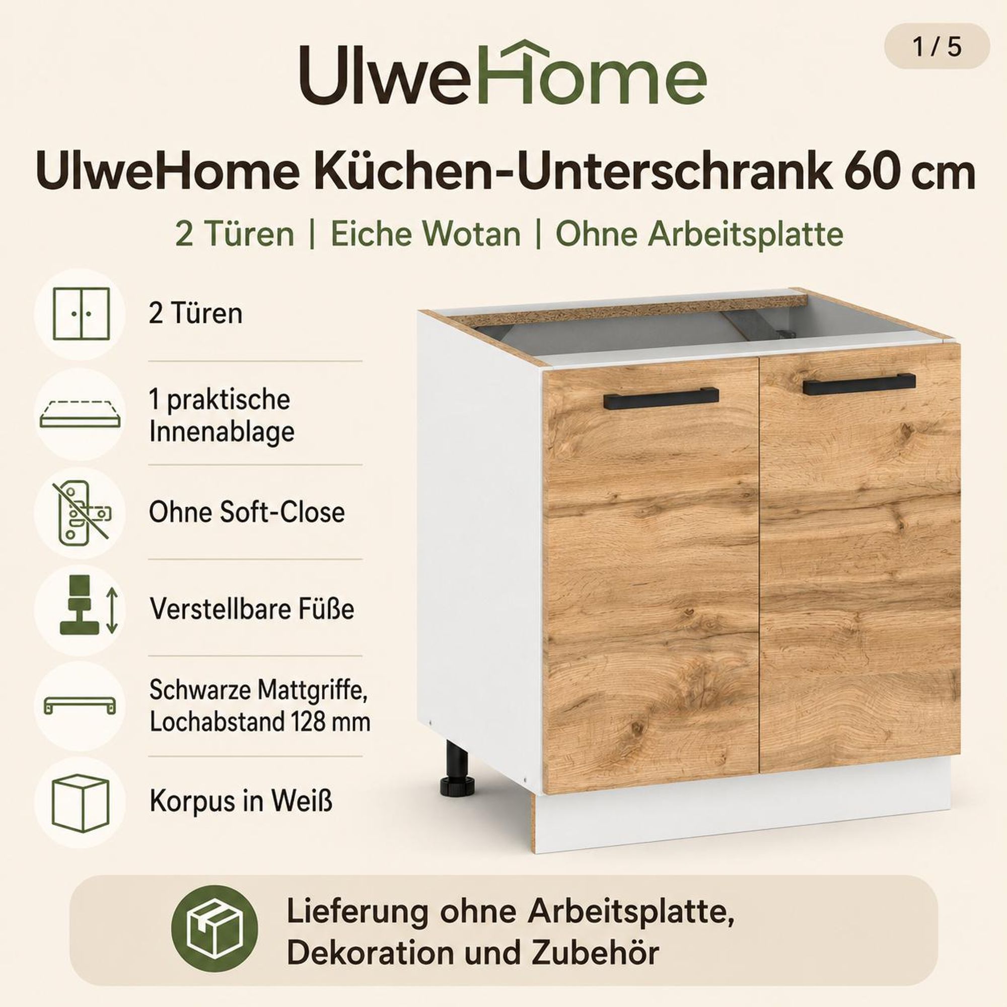 UlweHome Küchenunterschrank 60 cm Eiche Wotan: 2 Türen, weißer Korpus & schwarze Griffe.